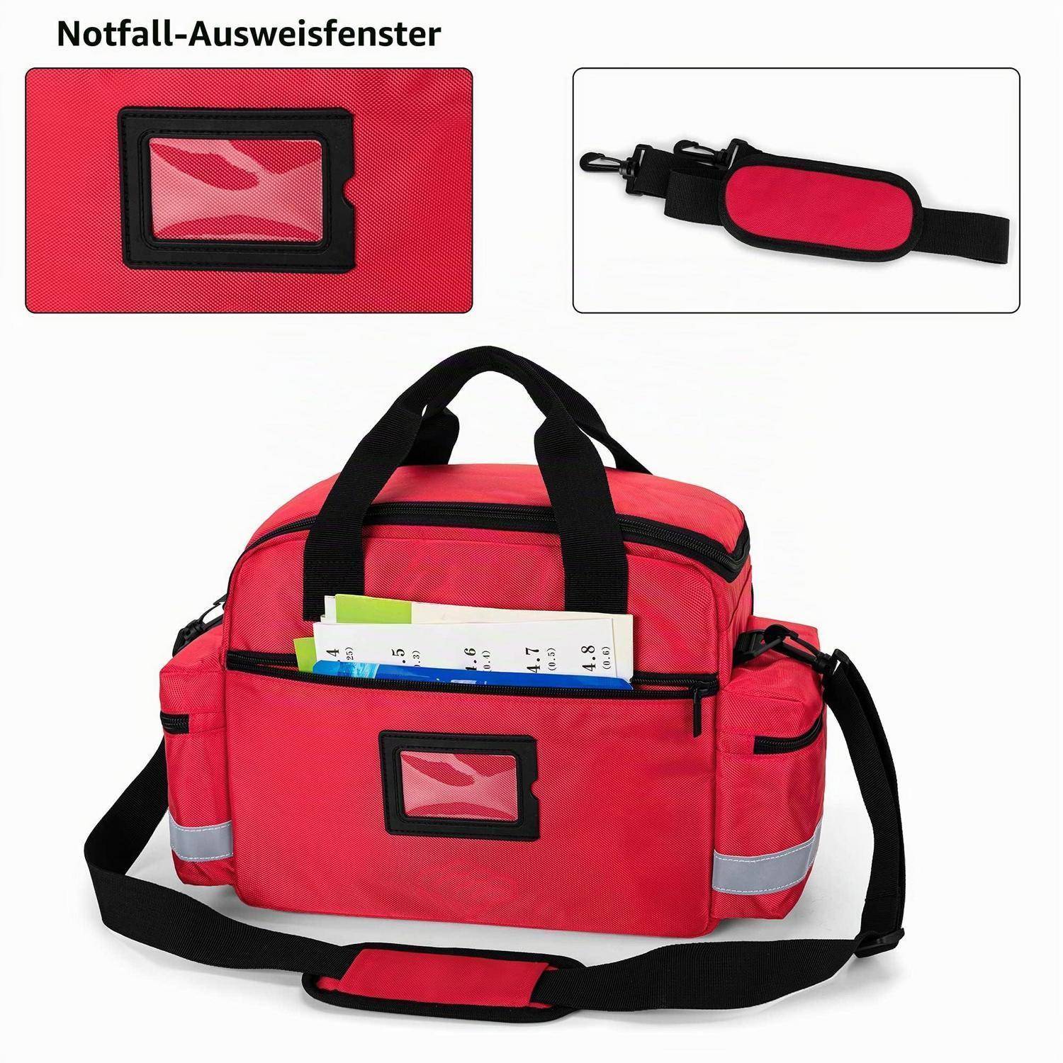 Rote Notfalltasche mit einem Sichtfenster vorne mit der Bezeichnung „Notfall-Ausweisfenster"; die Vergrößerung zeigt das entsprechende Ausweisfenster und einen abnehmbaren schwarzen Schultergurt.