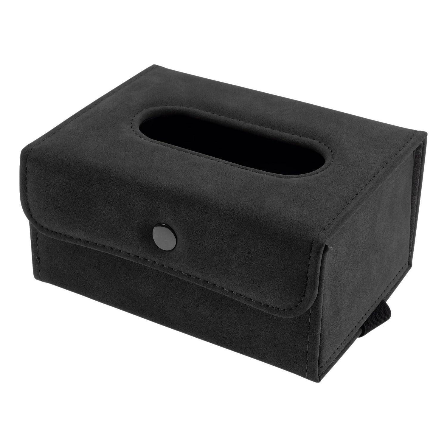 Schwarze rechteckige Leder-Taschentuchboxabdeckung mit einer ovalen Öffnung oben und einem Druckknopfverschluss an der Vorderseite.