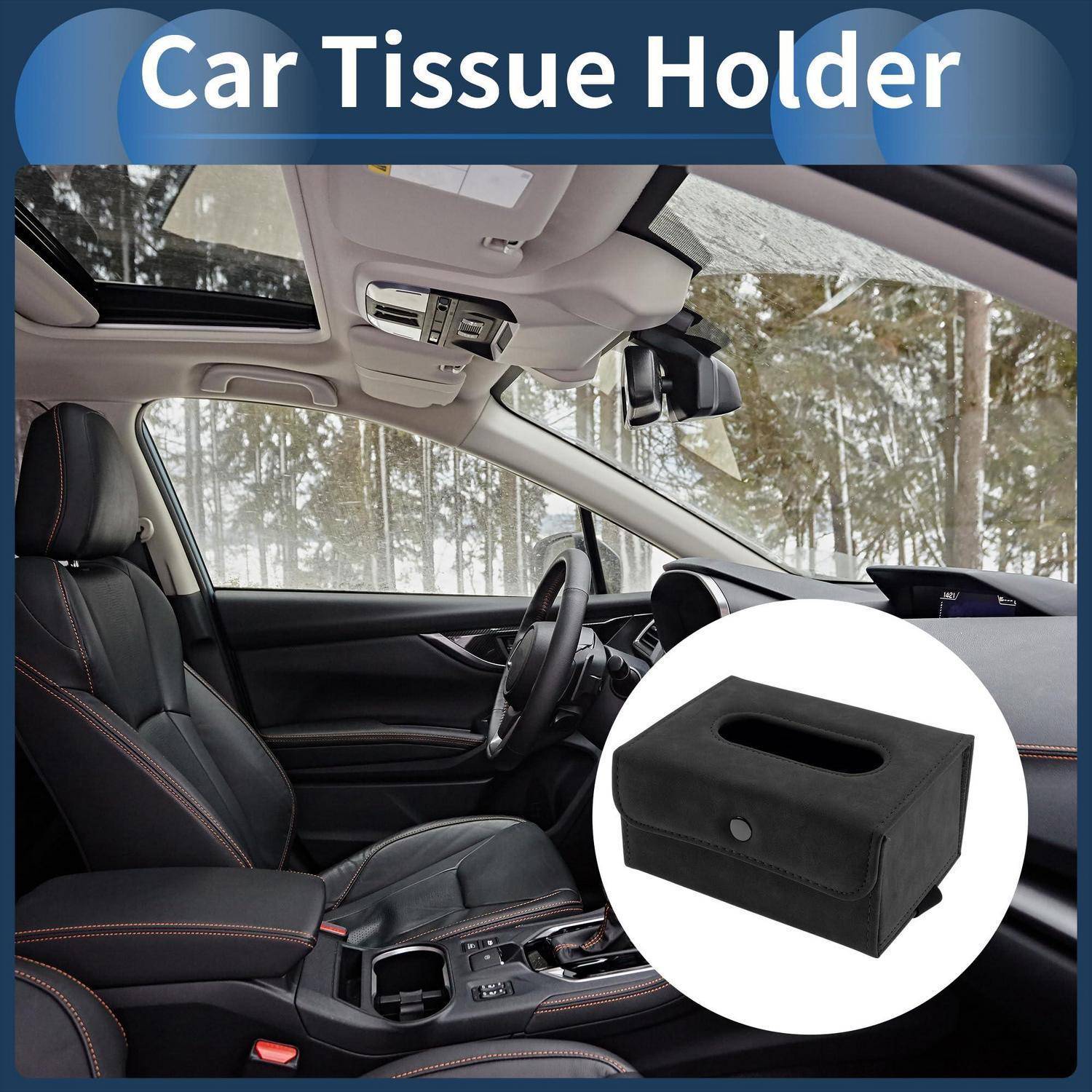 Gewebehalter im Auto, das in einem Autoinnenraum gezeigt wird, mit einem eingefügten Produktbild einer schwarzen rechteckigen Gewebeschachtel und dem Titel „Autoinnenraum-Gewebehalter".