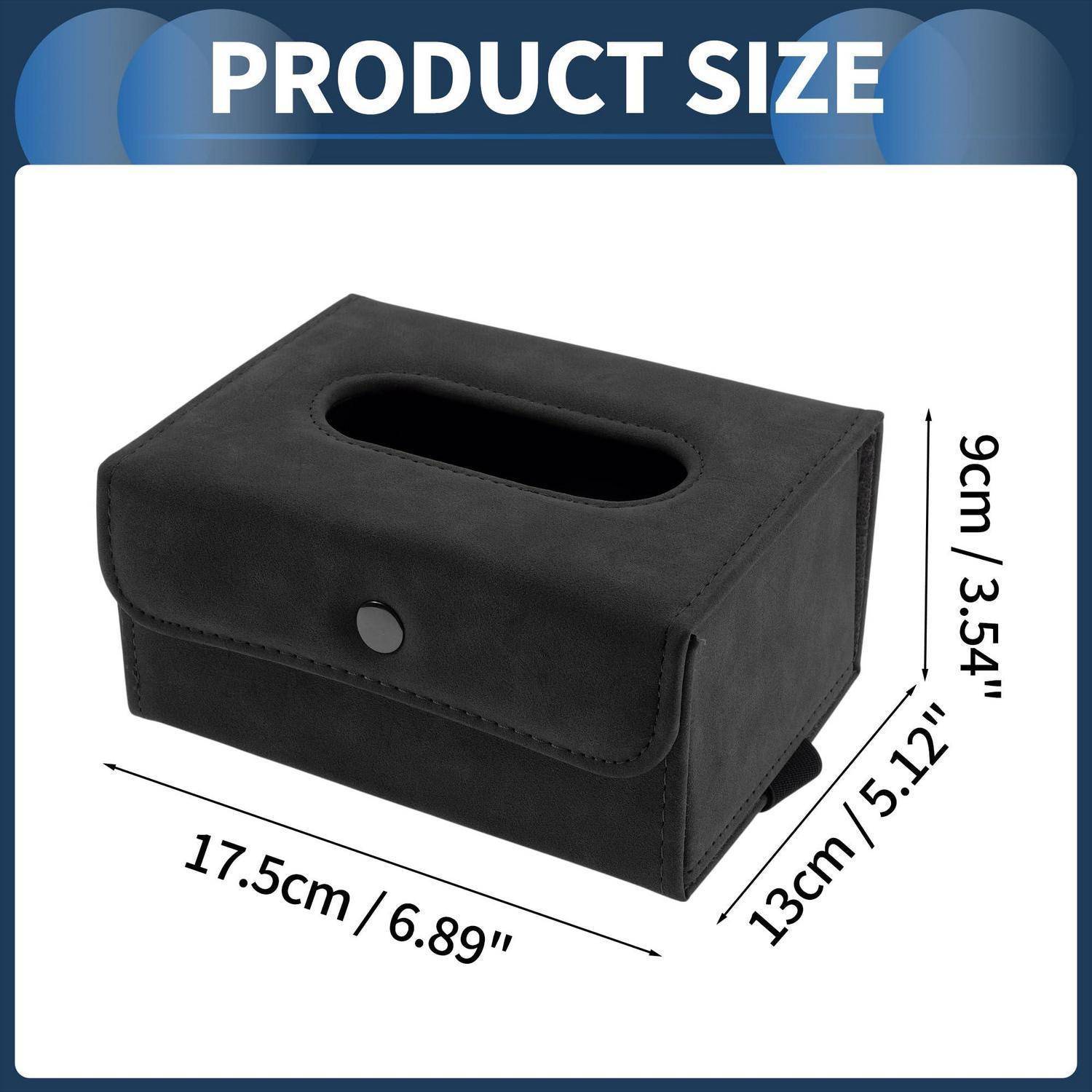 Größendiagramm eines schwarzen rechteckigen Taschentuchboxüberzugs mit Oberseite Schlitz; angegebene Abmessungen sind 17,5 cm x 13 cm x 9 cm