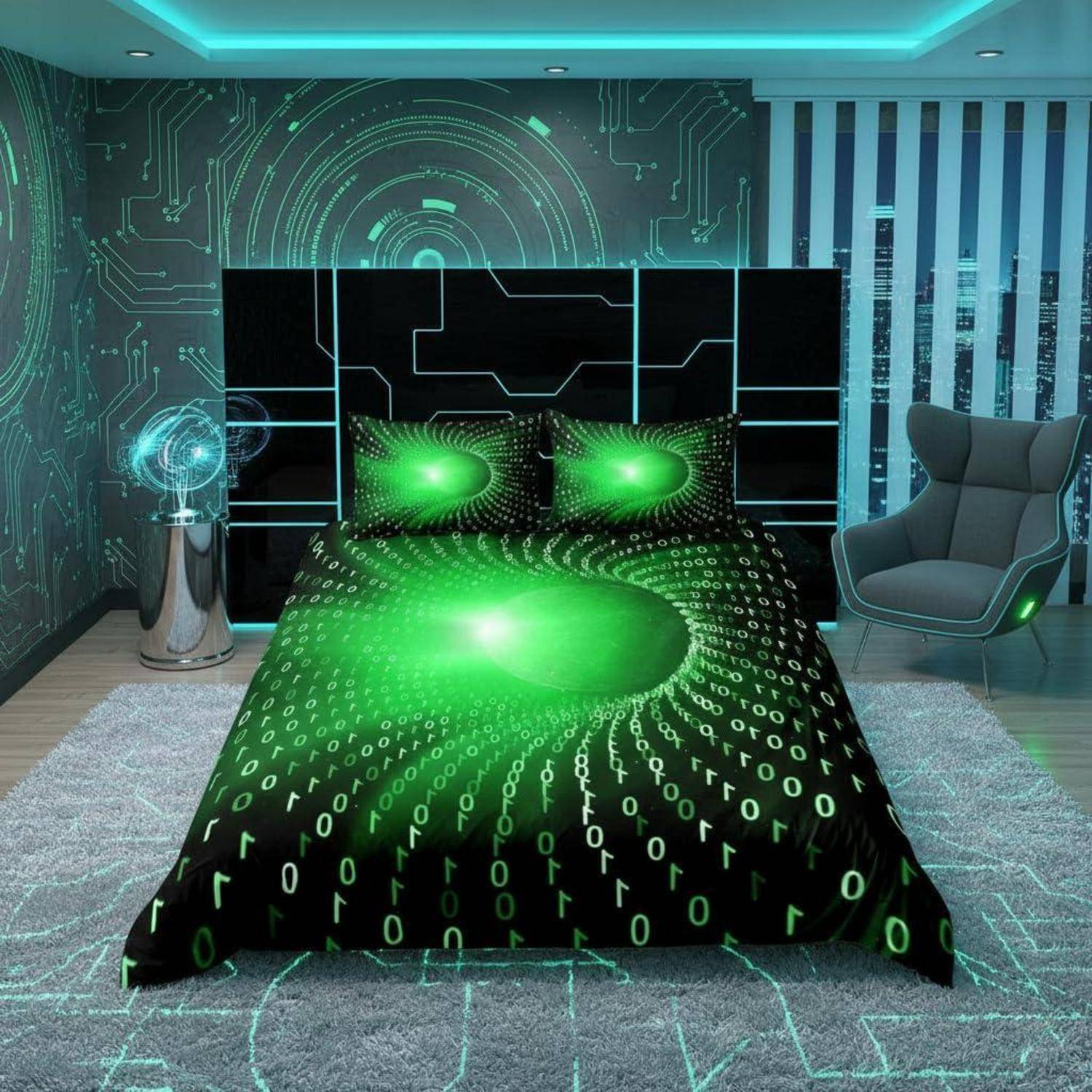 Futuristisches Schlafzimmer mit einem schwarzen Bett und leuchtend grüner digitaler Schaltkreis- und Code-Muster-Bettwäsche, glühendem Wanddesign und modernem Stuhl.