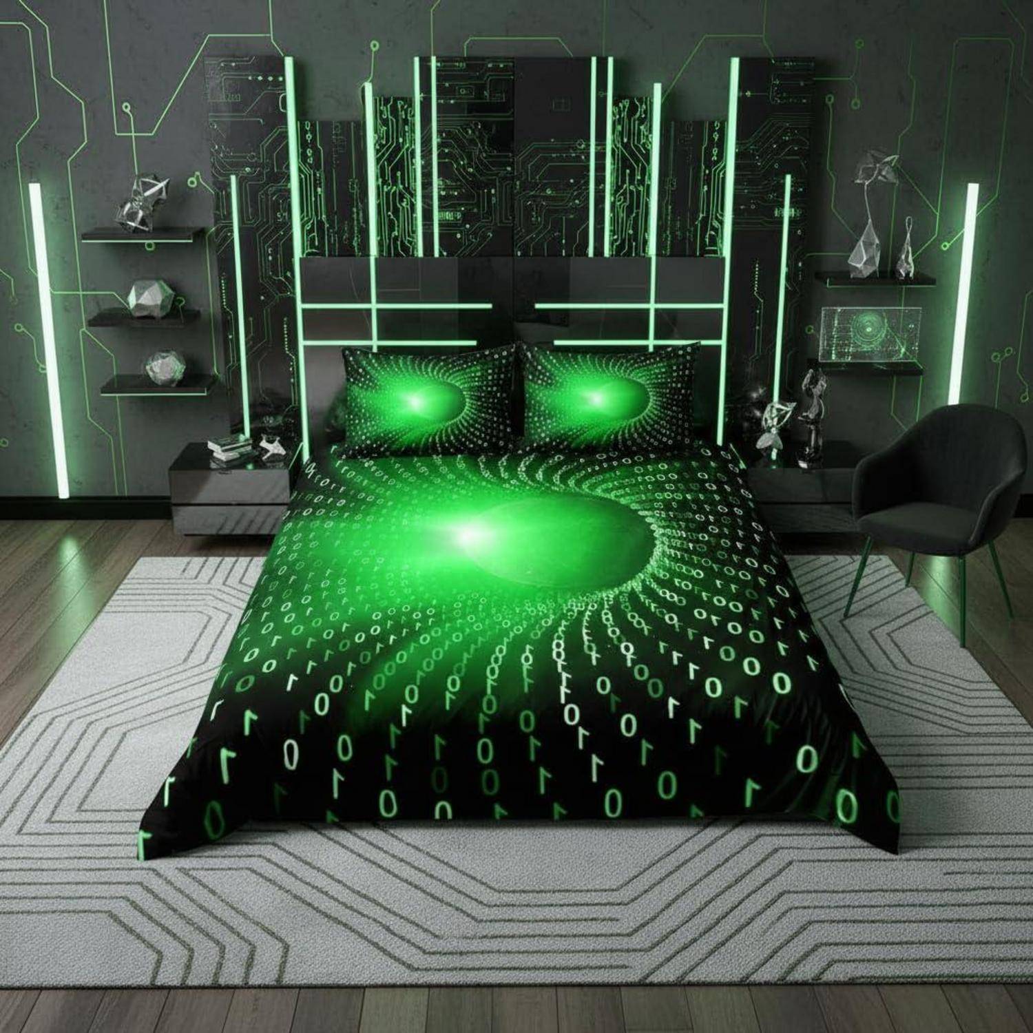Futuristisches Schlafzimmer mit schwarz-grüner digital-inspirierter Bettwäsche, leuchtend grünen Lichtern und Schaltkreis-Wanddekoration.