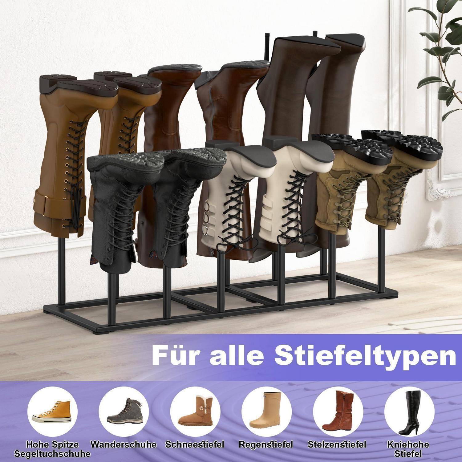 Stiefelregal mit verschiedenen Stiefeltypmen, mit deutschem Text „Für alle Stiefeltypen" und Symbolen gekennzeichnet für Hochschaftschuhe, Wandern, Schnee, Regen, Reiten und Kniestiefel.