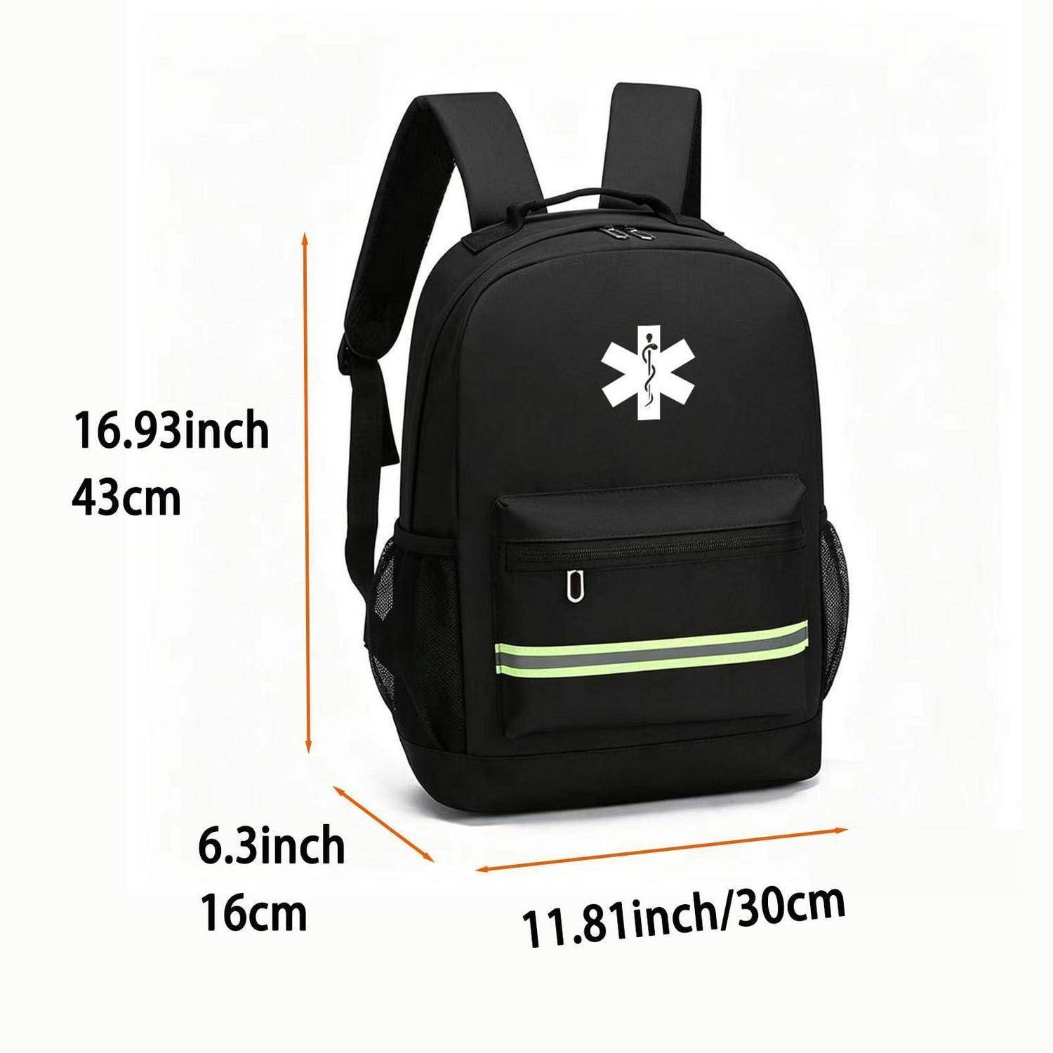 Schwarzer Rucksack mit medizinischem Sternenlogo, gezeigt mit Abmessungen: 16,93 Zoll hoch, 11,81 Zoll breit, 6,3 Zoll tief.