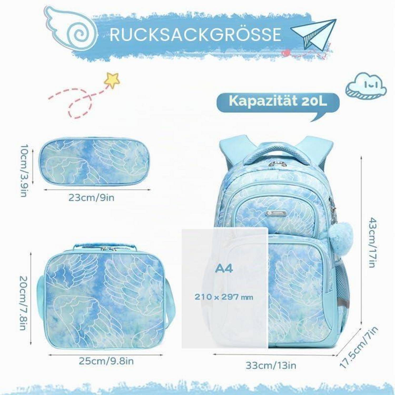 Abbildung eines hellblauen Rucksacks mit der Beschriftung "Kapazität 20L"" mit Größenmessungen: 43 cm hoch, 33 cm breit, 17,5 cm tief, plus kleinere Taschengröße und A4-Format.