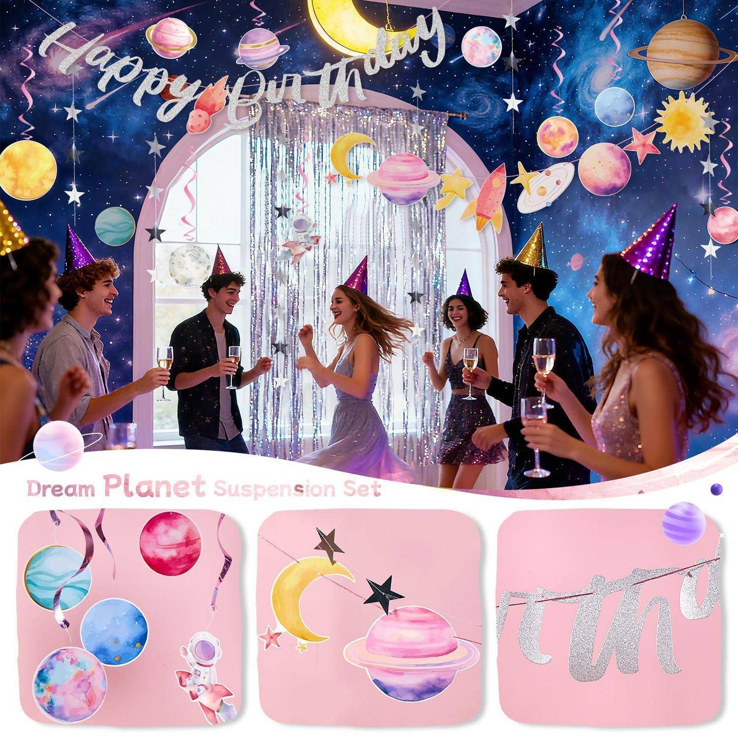 Partyszene mit sechs Personen in metallischen Geburtstagshüten vor einem „Happy Birthday" Weltraum-Thema-Hintergrund, plus Produktbilder von rosafarbenen Weltraum-Dekorationen mit der Bezeichnung „Dream Planet Suspension Set"".
