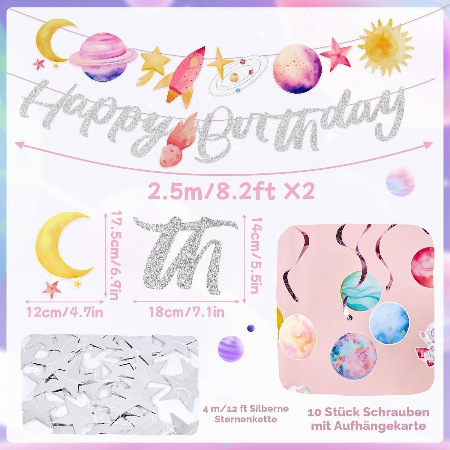 Geburtstagsbannerpaket mit Glitter-„Happy Birthday"-Girlande, Planeten- und Monddekoration, Quaste, silberner Sternenkette und 10 hängenden Karten; Größen in cm/Zoll angegeben.