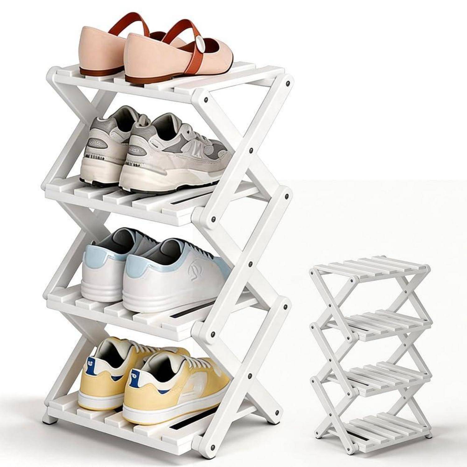 Zusammenklappbares weißes Schuhregal mit Platz für vier Paar Schuhe; neben einer kleineren kompakten Version wird eine größere vierstöckige Version gezeigt.