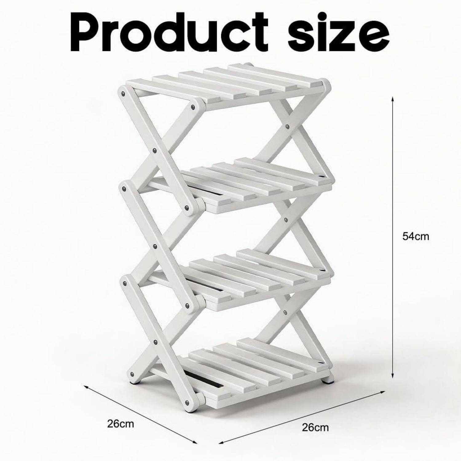 Weiß zusammenklappbares vierstöckiges Regal mit Abmessungen: 54 cm hoch und 26 cm breit mal 26 cm tief.