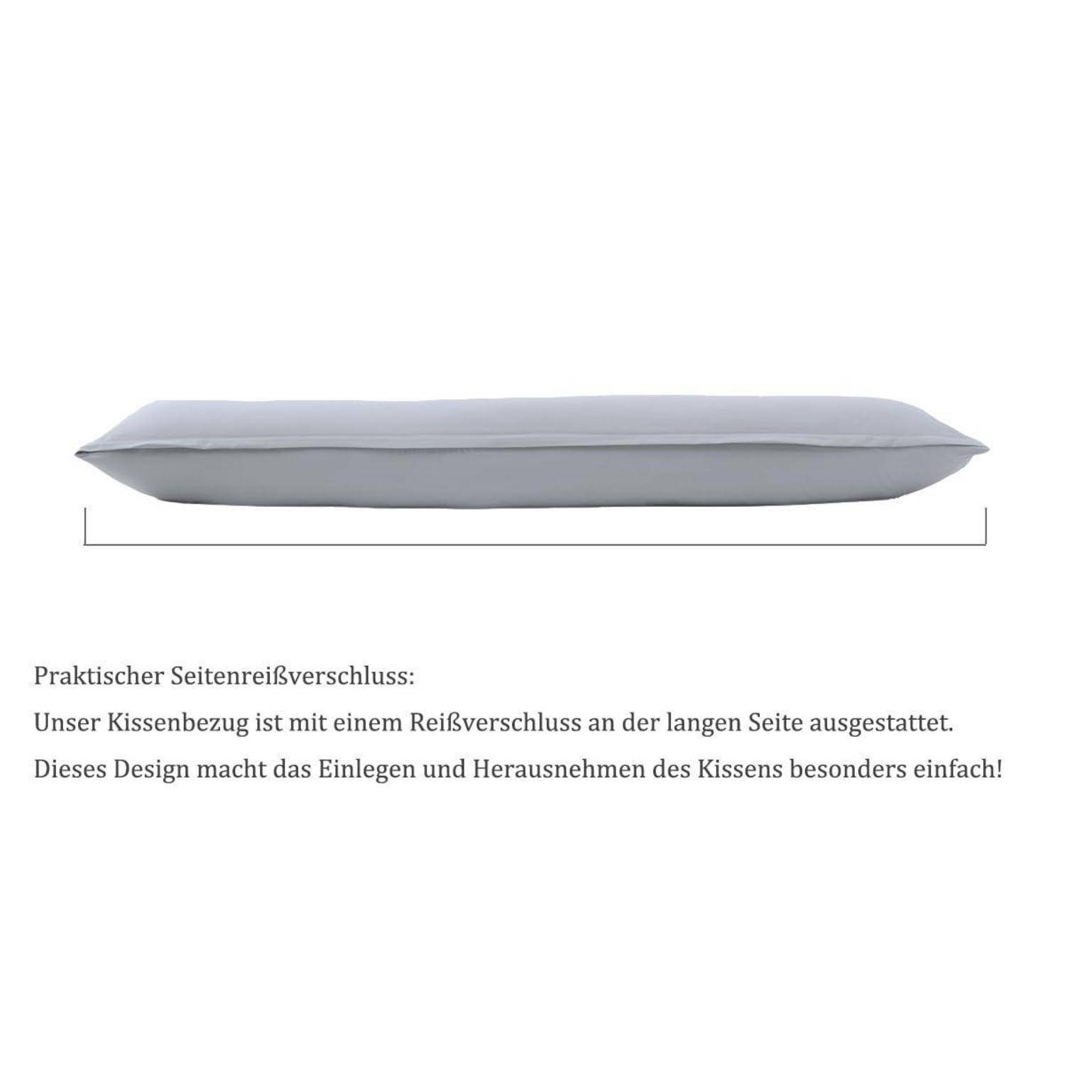 Graue Kissenhülle in Seitenansicht dargestellt, mit einem langen seitlichen Reißverschluss, der durch eine Klammer hervorgehoben wird, und deutschem Text, der das einfache Einsetzen und Entfernen des Kissens erläutert.