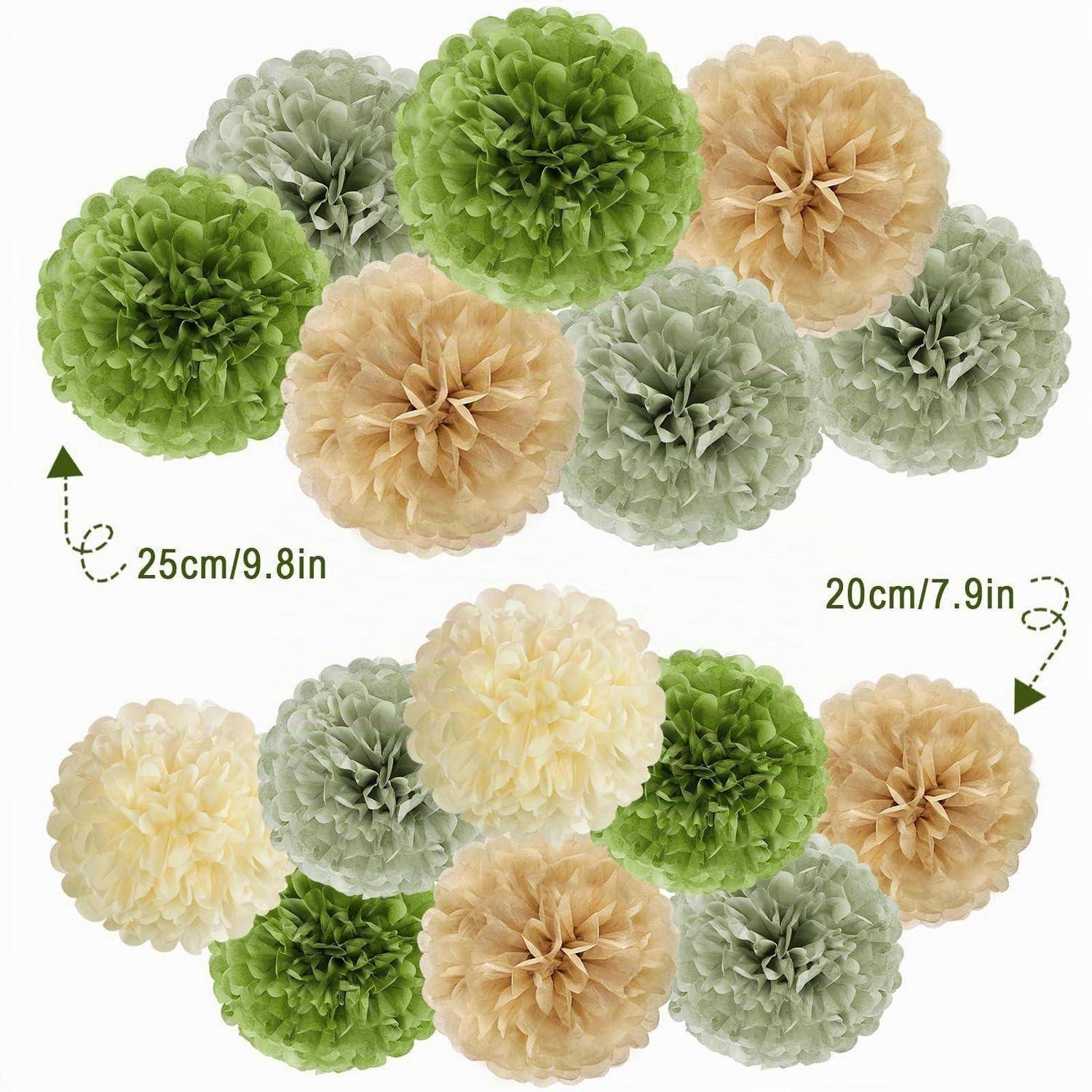 Zwei Gruppen von dekorativen Seidenpapier-Pompom-Blumen in Grün, Beige und Hellgelb, dargestellt mit Größenetikettenungen „25cm/9,8Zoll