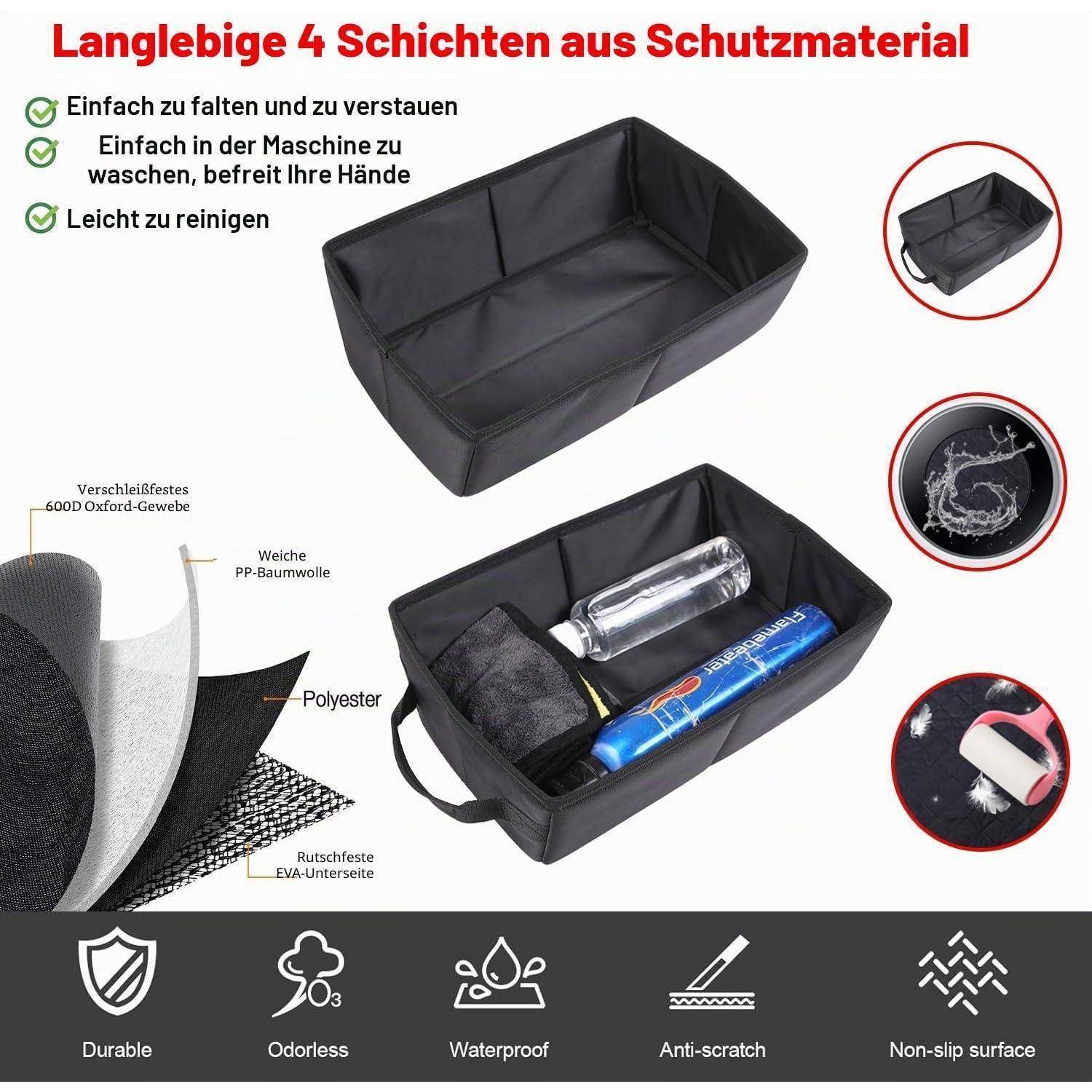 Anzeige für einen schwarzen Aufbewahrungskorb: 'Langlebige 4 Schichten aus Schutzmaterial' mit Falt-, waschbar-, leicht zu reinigenden Ansprüchen und Symbolen für langlebig, geruchlos, wasserdicht, kratzfest, rutschfest.