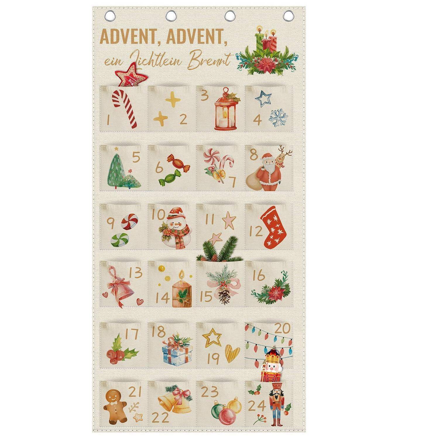 Weihnachts-Adventskalender mit 24 nummerierten Taschen, jede mit festlichen Weihnachtsbildern und deutschem Text „ADVENT, ADVENT, ein Lichtlein brennt