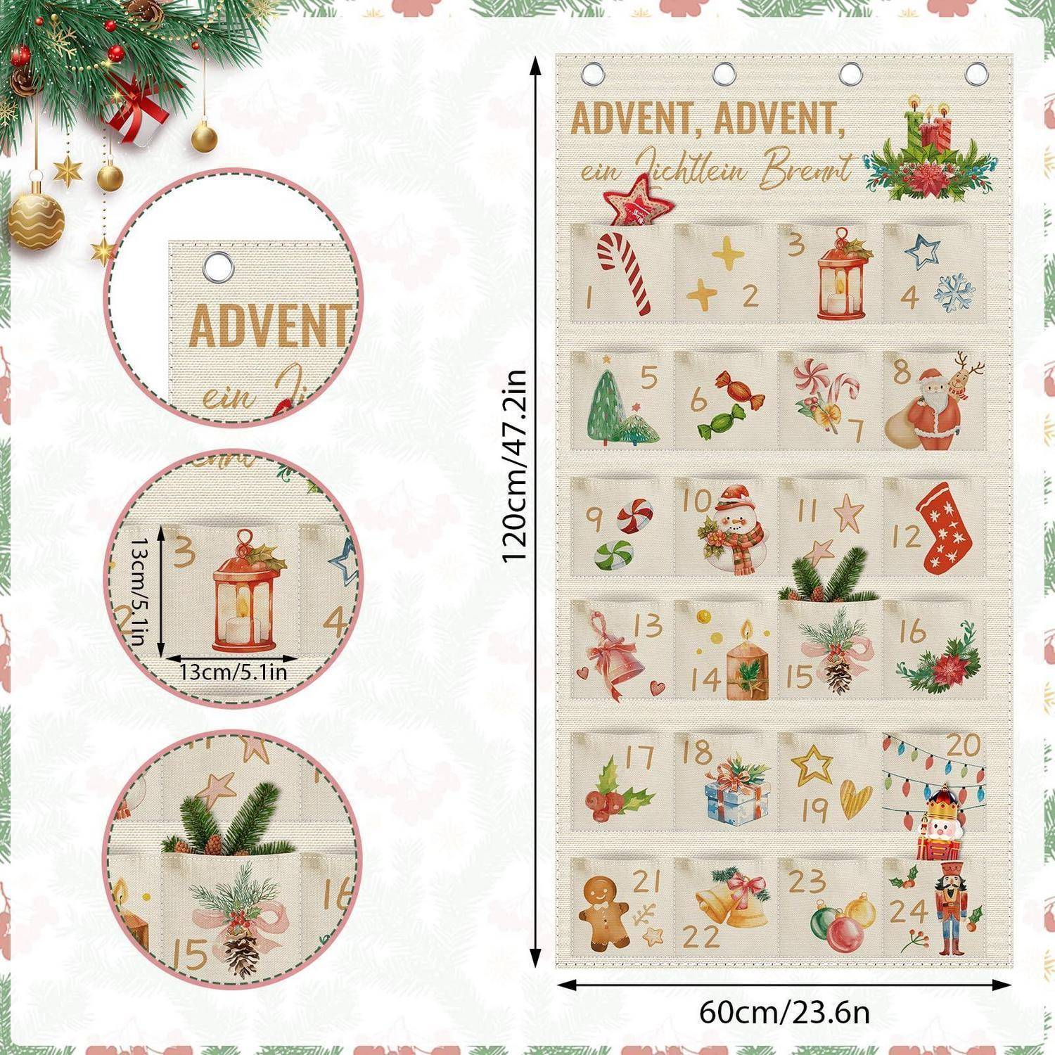 Adventskalender-Plakat mit 24 nummerierten Taschen und festlichen Weihnachtsabbildungen; Abmessungen sind 120 cm x 60 cm.