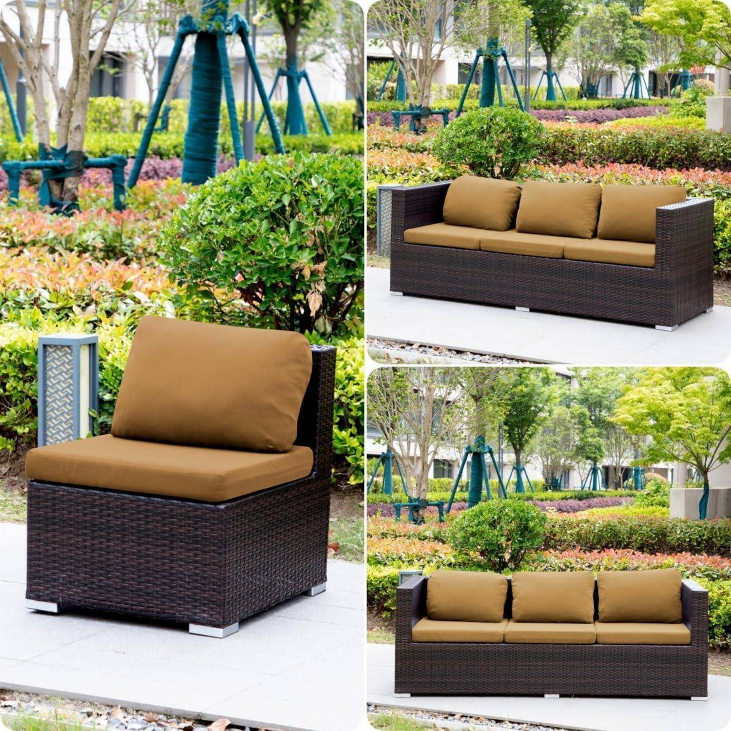 Collage aus dunklem Rattan-Gartenmöbeln mit beigen Kissen: ein Sessel, ein Zweisitzer-Sofa und ein Sofa, dargestellt in einer landschaftlich gestalteten Parkanlage.