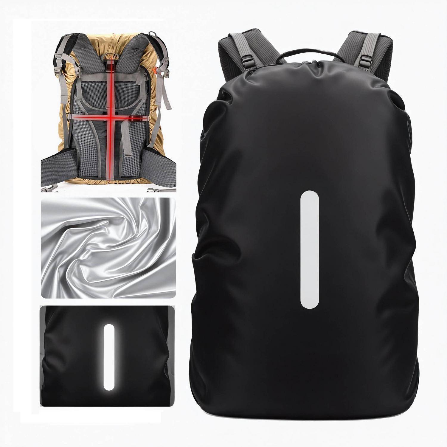 Schwarze Rucksack-Regenschutzhülle an einem Rucksack montiert, mit Detailaufnahmen der silbernen wasserdichten Auskleidung und des reflektierenden vertikalen Streifens.