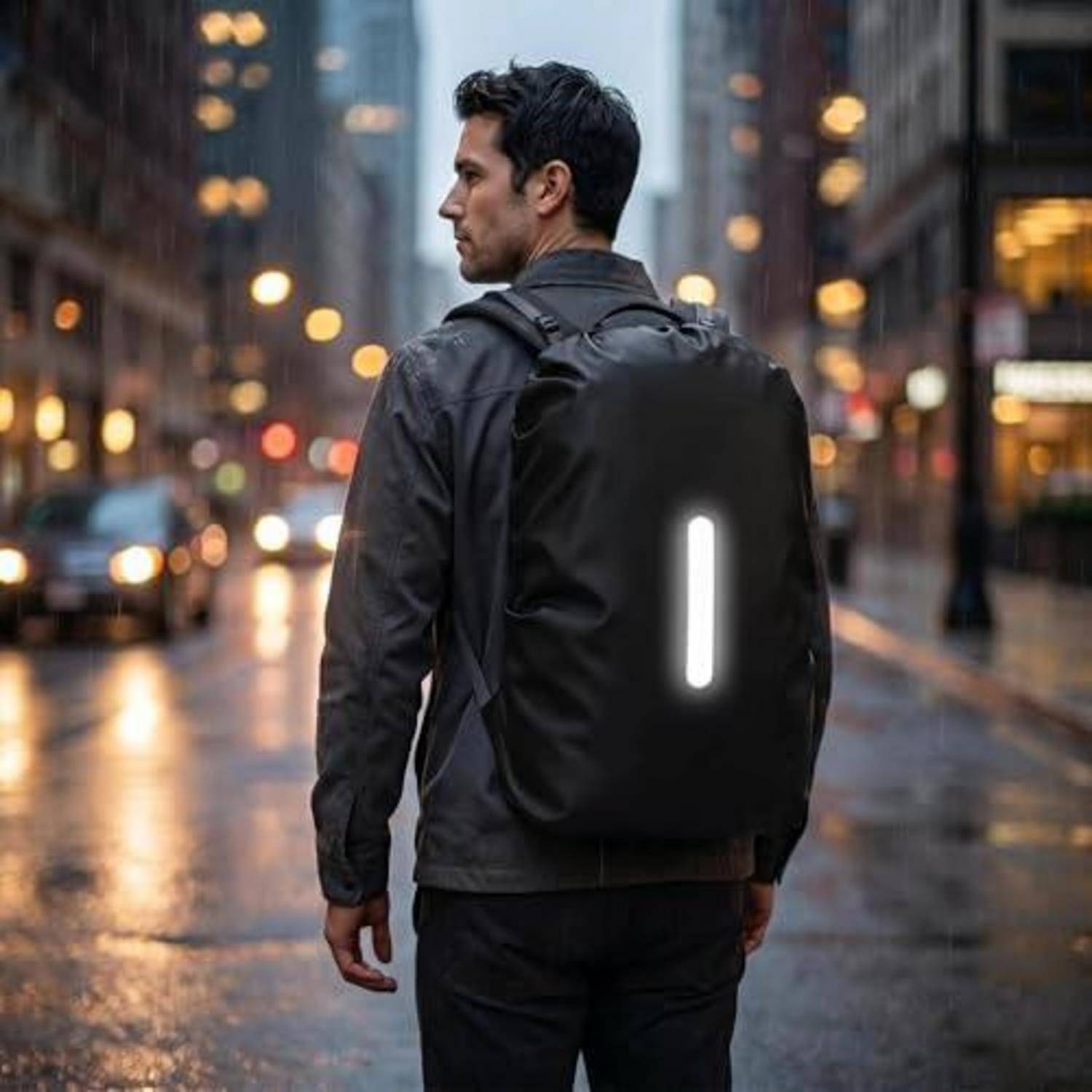 Ein Mann mit einem schwarzen Rucksack mit einem leuchtenden vertikalen Lichtstreifen geht bei Einbruch der Dunkelheit auf einer regennassen Stadtstraße spazieren.