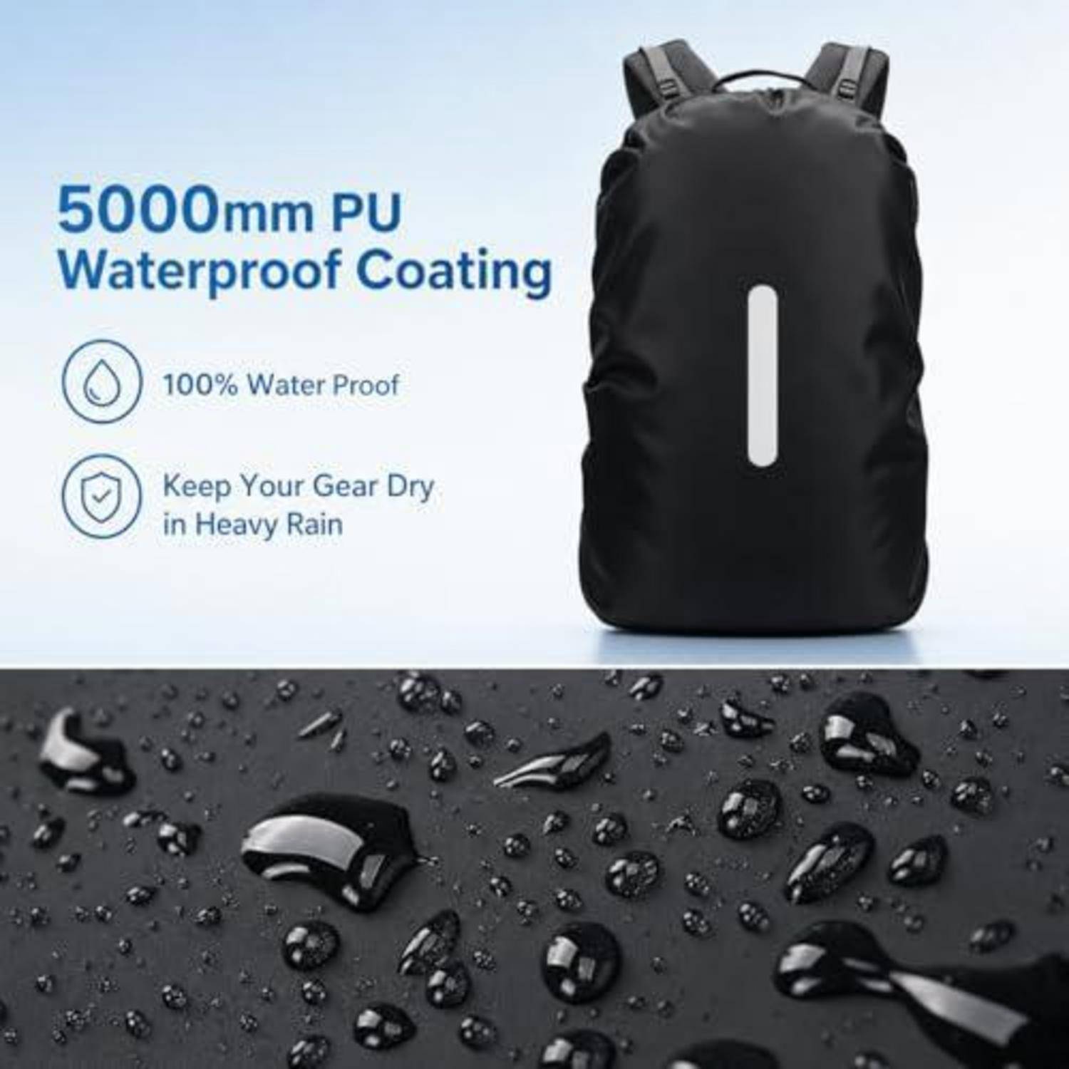 Schwarzer Rucksack mit der Aufschrift "5000mm PU wasserdichte Beschichtung""; Wassertropfen darunter veranschaulichen 100% Wasserdichtheit und halten die Ausrüstung bei starkem Regen trocken.