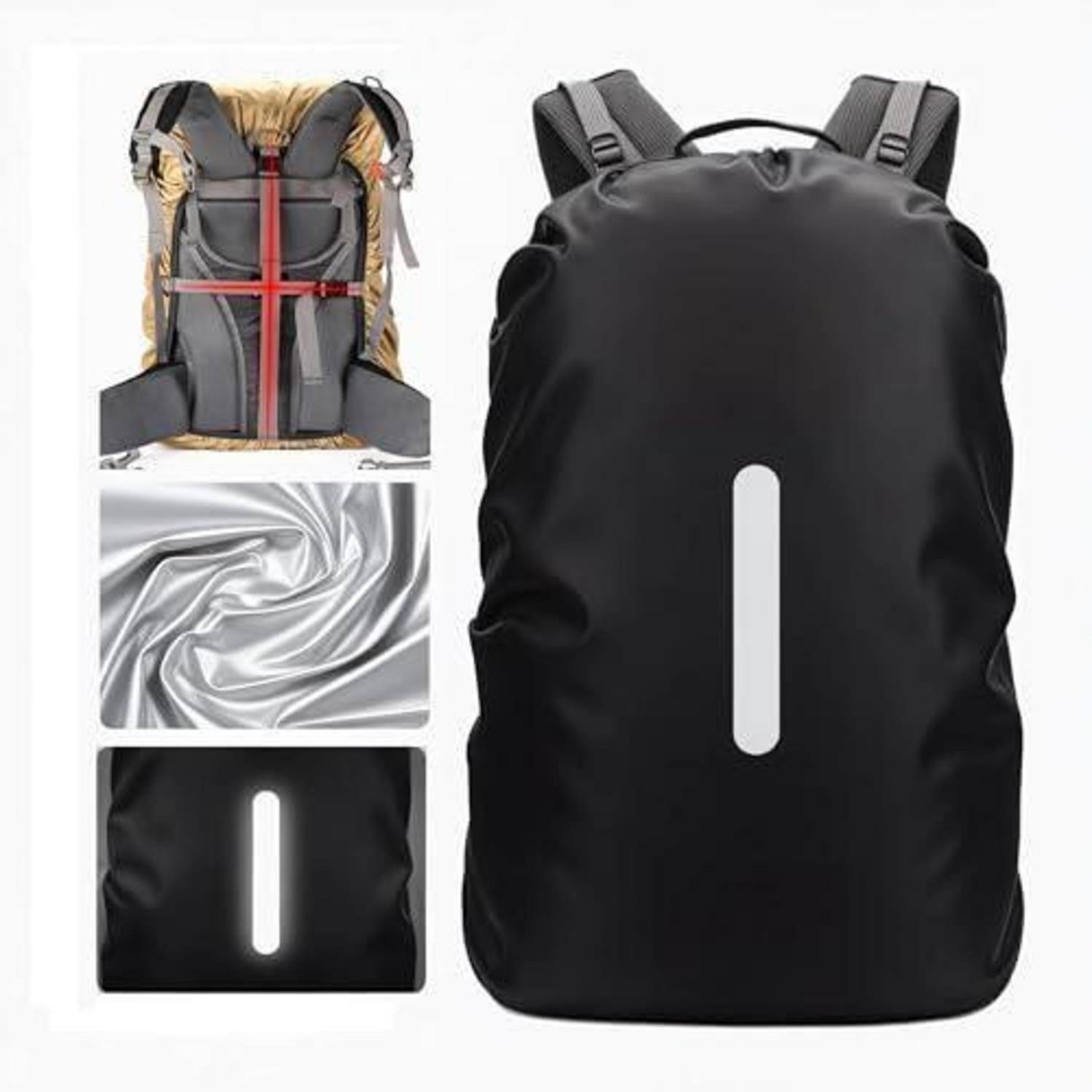 Schwarze Rucksack-Regenschutzhülle mit reflektierendem Streifen, gezeigt auf einem Rucksack und mit Nahaufnahmen des wasserdichten silbernen Futters und des Schutzmaterials.