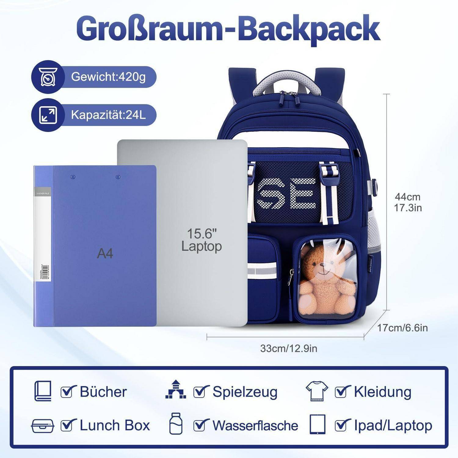 Blauer großer Rucksack mit 24L Fassungsvermögen und 420g Gewicht, gezeigt mit A4-Ordner und 15,6-Zoll-Laptop zur Größenangabe, plus Symbole für Bücher, Lunchbox, Spielzeug, Kleidung, Wasserflasche und Tablet/Laptop.