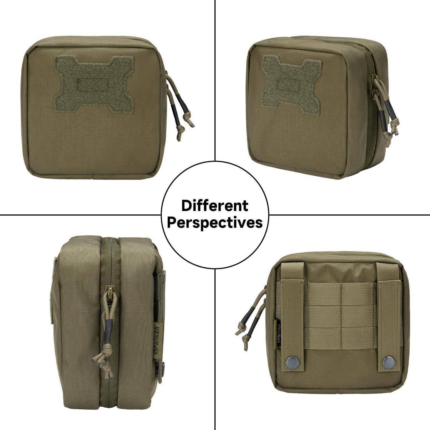 Vier Ansichten einer olivgrünen Tasche mit Reißverschluss oder einer kleinen Tasche, von vorne, schräg, von der Seite und von hinten gezeigt, mit der Bezeichnung „Verschiedene Perspektiven".