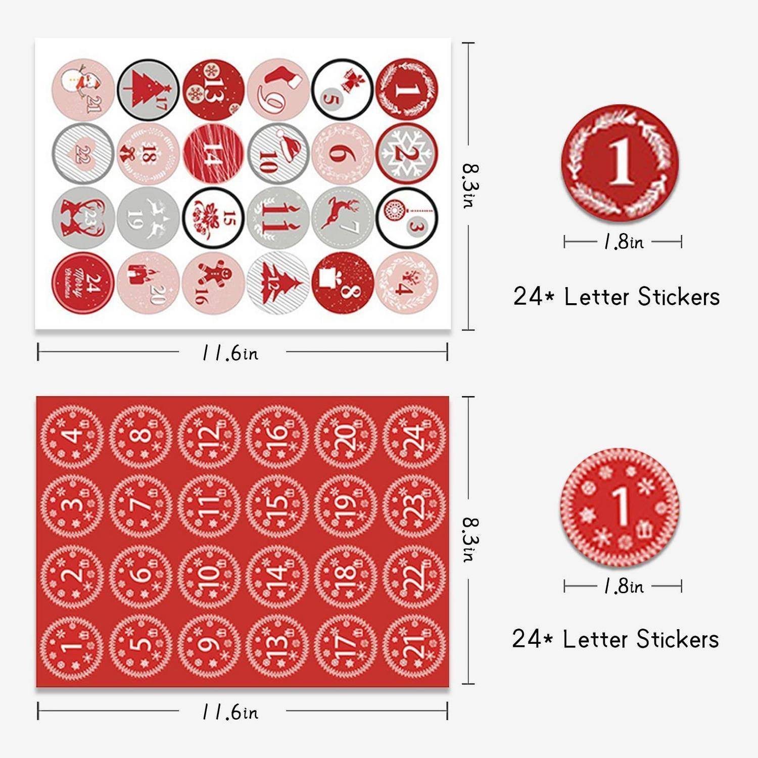 Zwei Sätze mit je 24 runden nummerierten Aufklebern werden gezeigt, einer in gemischten rot- und silbernen Designs und einer in vollständig rot, jedes Blatt 11,6 mal 8,3 Zoll mit 1,8-Zoll-Aufklebern.