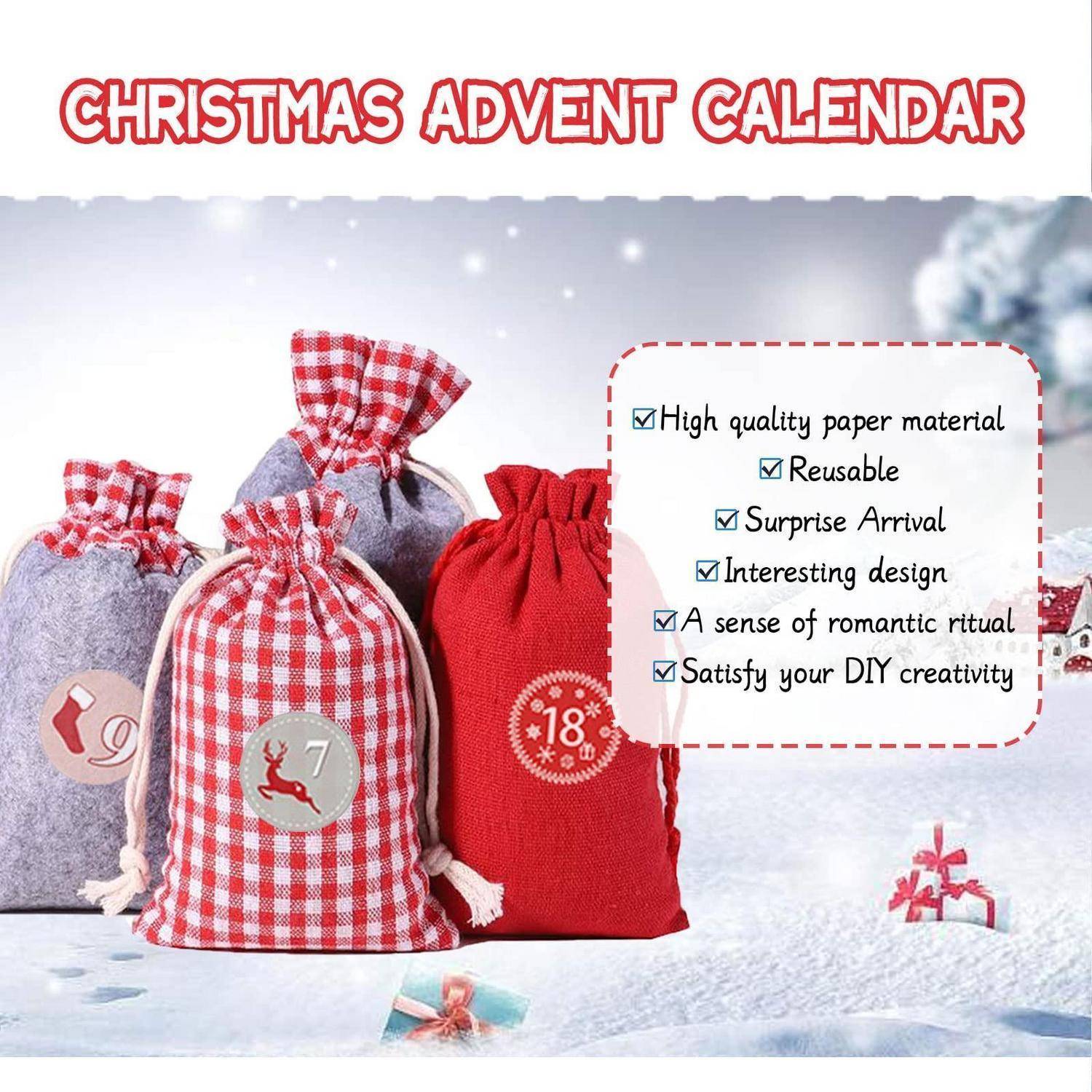 Weihnachts-Adventskalender Anzeige mit drei Stoffsäckchen mit Kordelzug und einer Merkmalsliste: hochwertiges Papiermaterial, wiederverwendbar, überraschende Ankunft, interessantes Design, romantisches Ritual, erfüllt DIY-Kreativität.