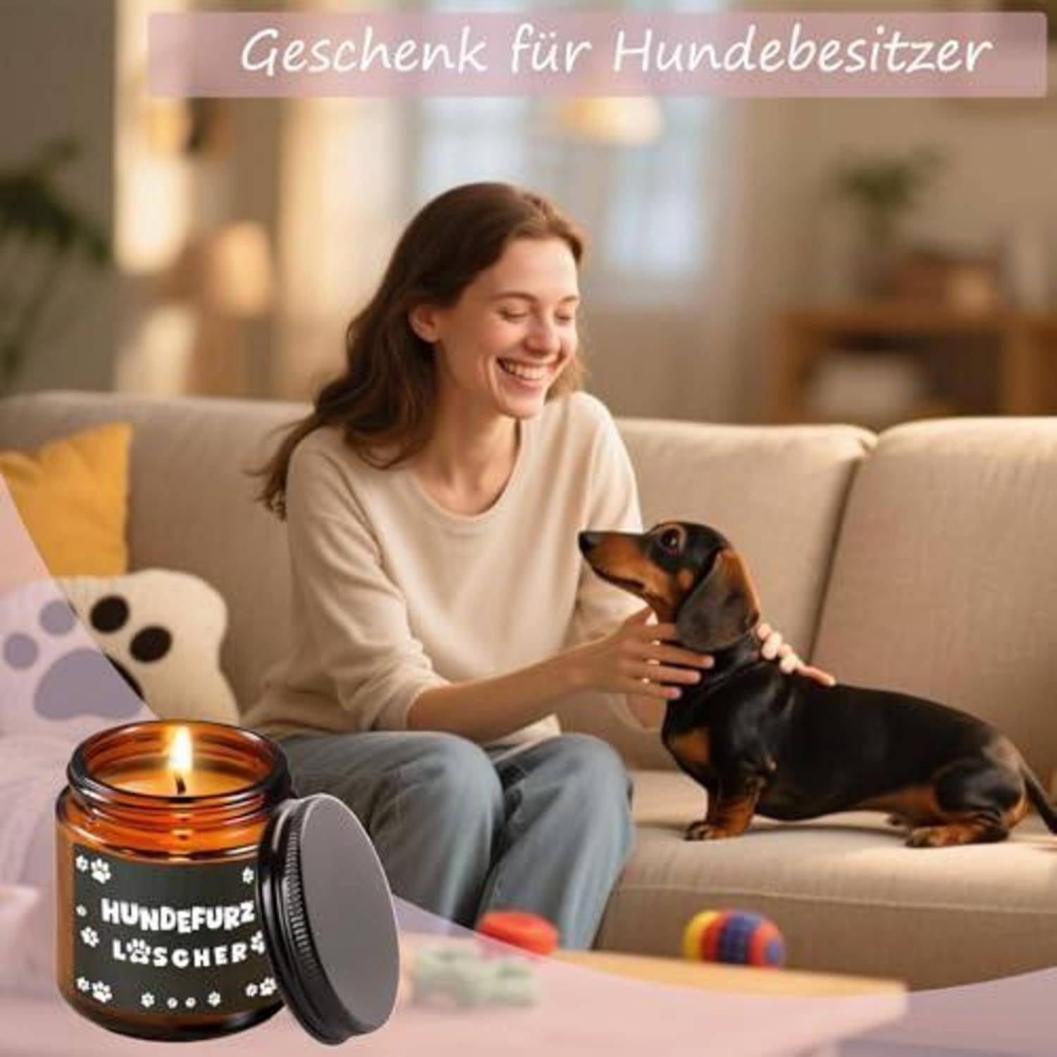 Frau lächelt auf einem Sofa, während sie einen Dackel streichelt; deutscher Text liest „Geschenk für Hundebesitzer