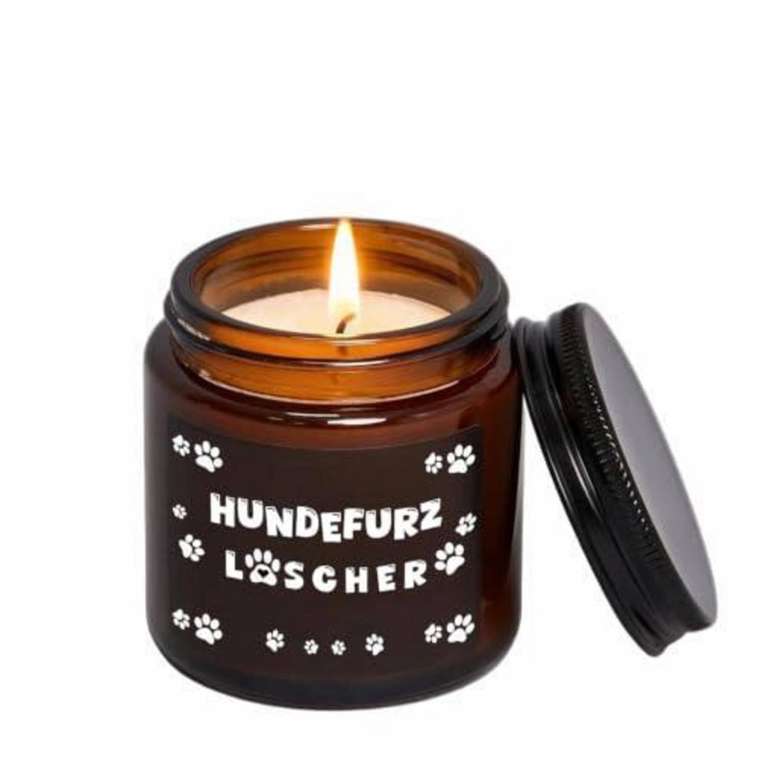 Braunes Glaskerzenglas mit der Aufschrift 