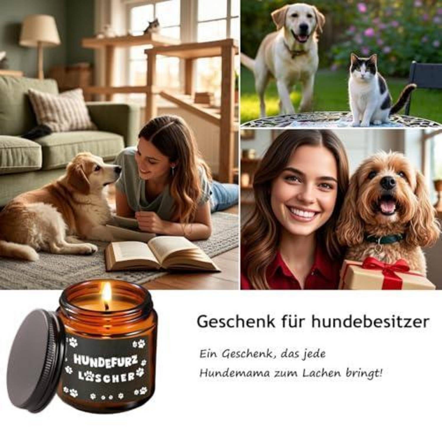 Collage mit Hundebesitzer-Geschenken: eine Frau, die mit einem Hund liest, ein Hund und eine Katze im Freien, eine lächelnde Frau mit einem Hund und ein Kerzenglas mit der Aufschrift „HUNDEFURZ LÖSCHER