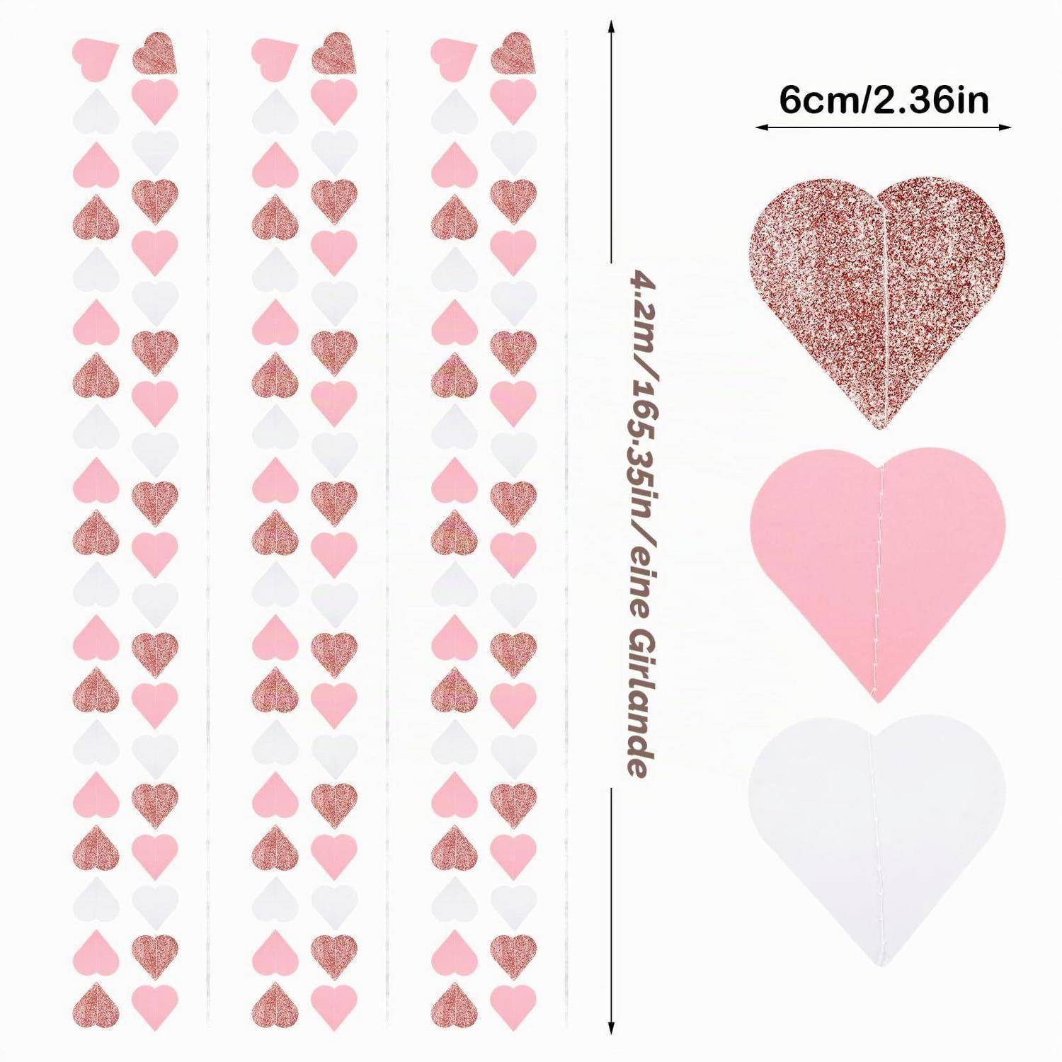 Rosa und glitzernde Herzgirlanden-Dekorationen, dargestellt als drei hängende Stränge und Nahaufnahmen von Herzen; jedes Herz ist 6 cm breit, Girlanden-Länge 4,2 m.