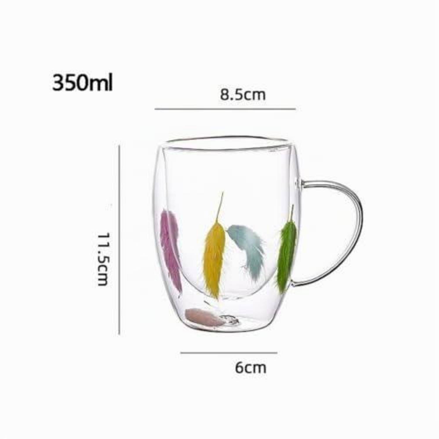 Klares Glaskrug mit Griff, beschriftet mit 350 ml, zeigt Abmessungen von 11,5 cm Höhe, 8,5 cm Breite und 6 cm Basisdurchmesser.