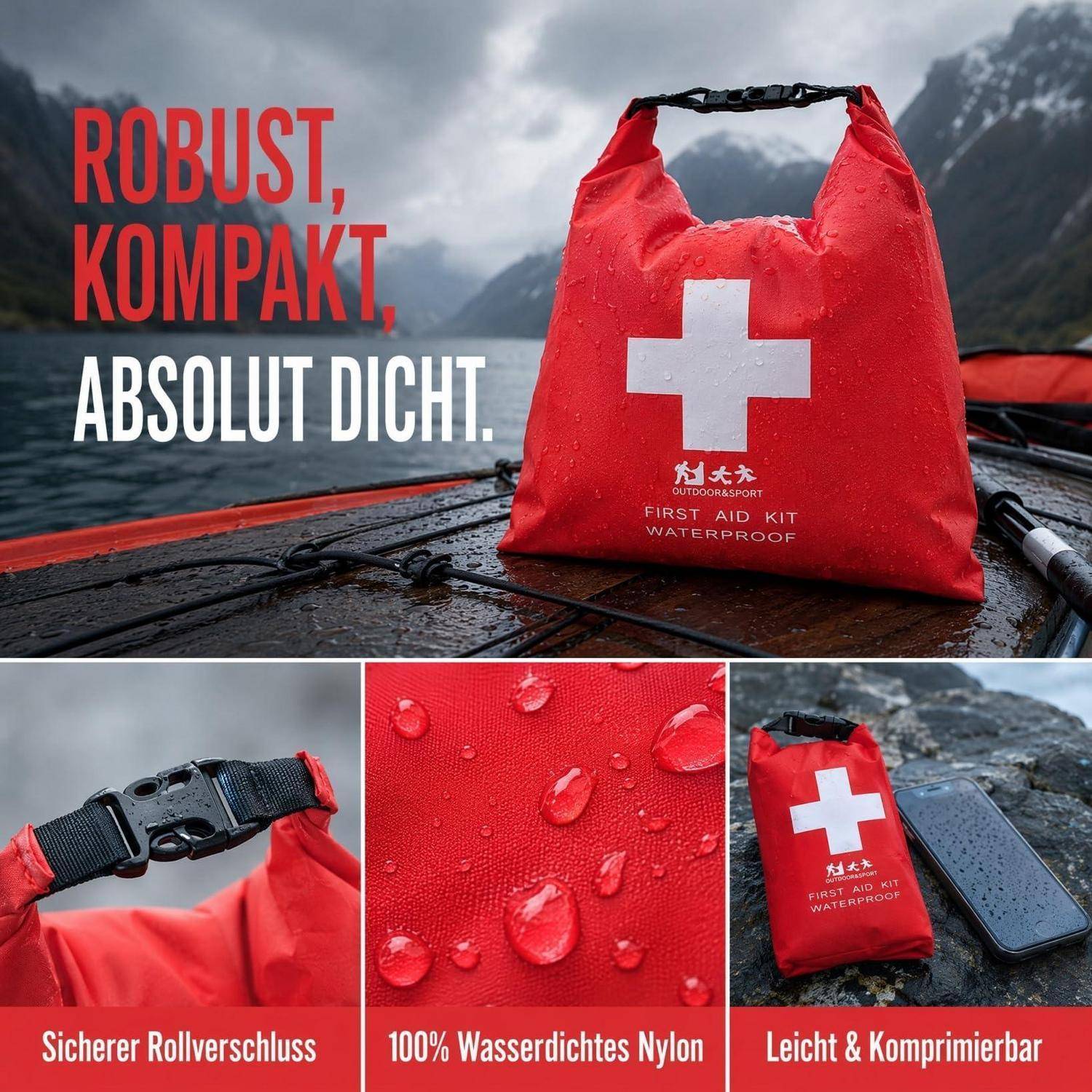 Rote, wasserdichte Erste-Hilfe-Tasche mit weißem Kreuz, gezeigt in einer nassen Outdoor-Bergumgebung; der Anzeigentext besagt „ROBUST, KOMPAKT, ABSOLUT DICHT." und hebt wasserdichte, kompakte Merkmale hervor.