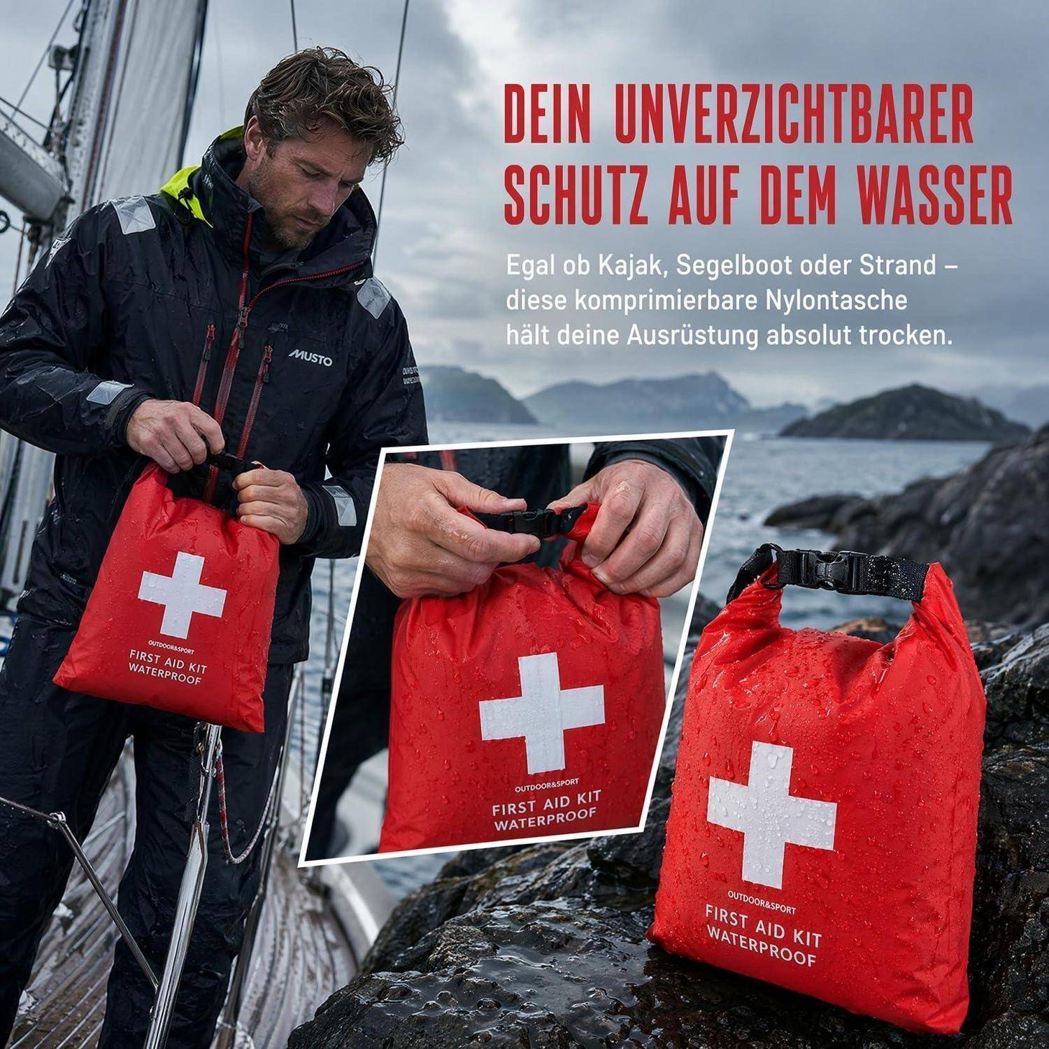 Mann auf einem Segelboot sichert eine rote wasserdichte Erste-Hilfe-Set-Dry-Bag; die Einführung zeigt das Schließen der Rollverschluss-Oberseite. Deutscher Text bewirbt wasserdichten Schutz auf dem Wasser.