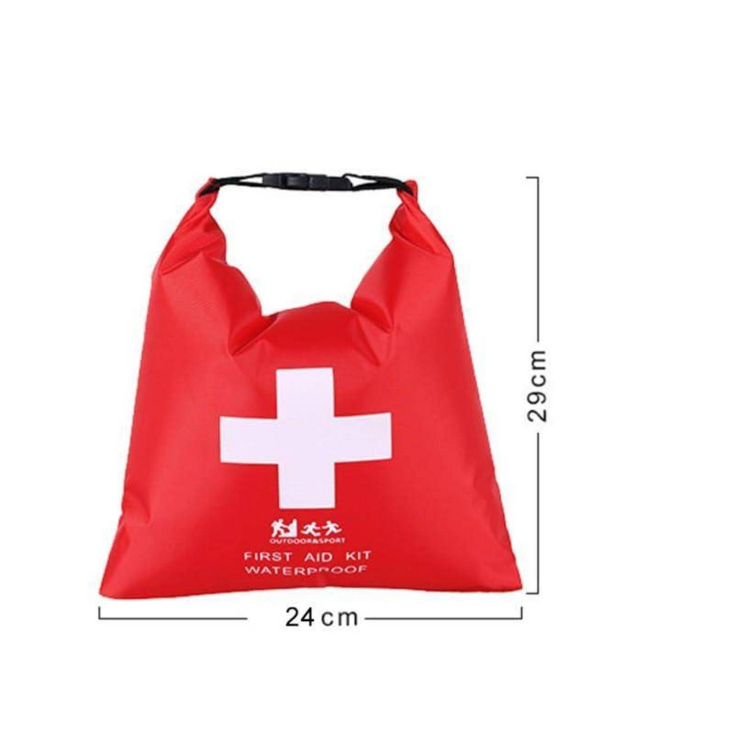 Rote, wasserdichte Erste-Hilfe-Tasche mit weißem Kreuz, gezeigt mit Abmessungen von 24 cm Breite und 29 cm Höhe.