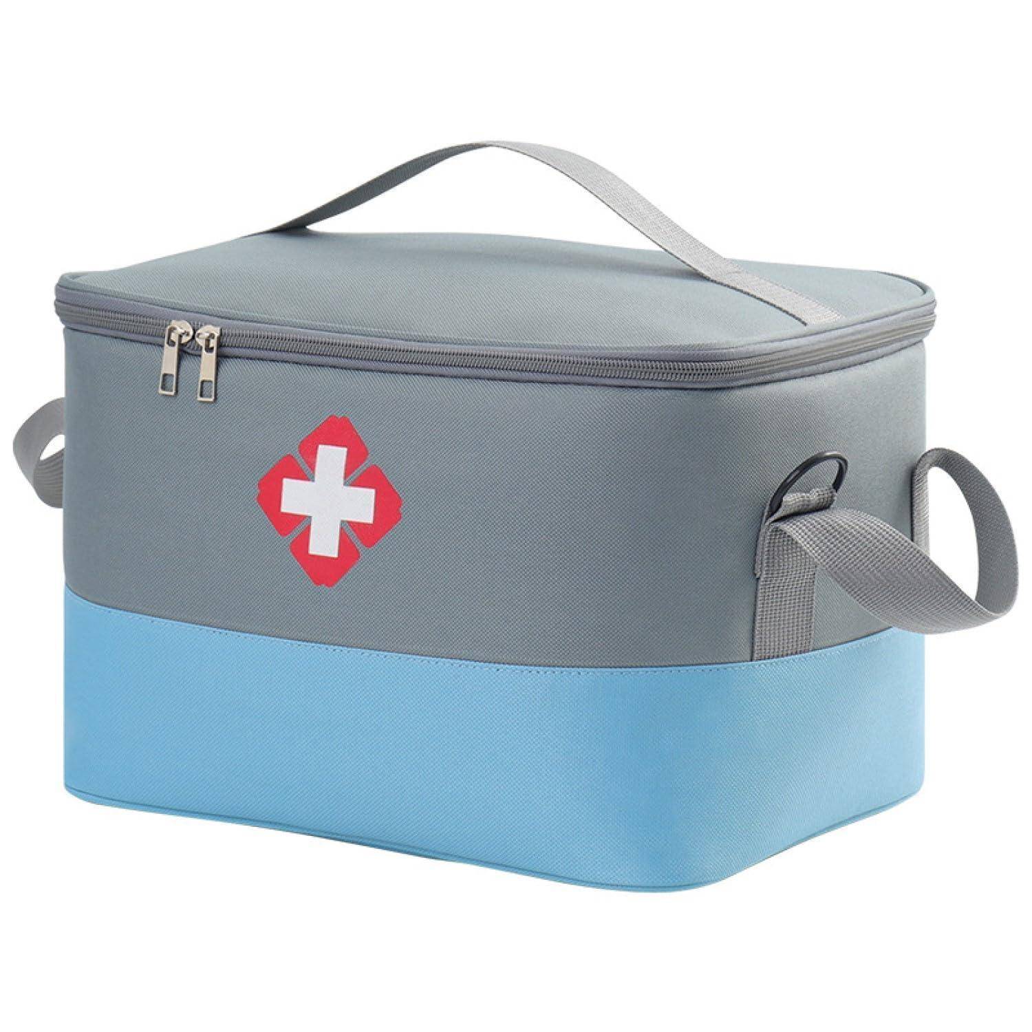 Grau und blau isolierte medizinische Kühlertasche mit Tragegriff und weißem Kreuzemblem auf der Vorderseite.