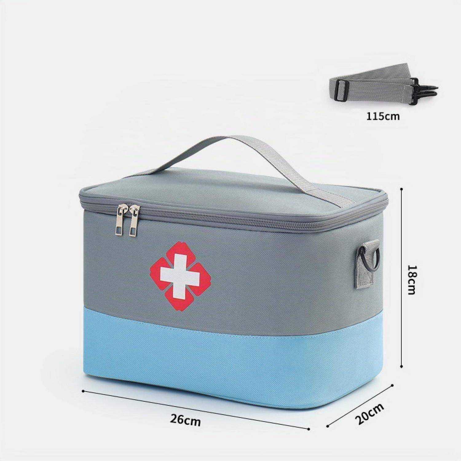 Isolierte medizinische Transporttasche mit Griff und Reißverschluss, gezeigt mit Abmessungen 26 cm x 20 cm x 18 cm und Riemenlänge 115 cm.