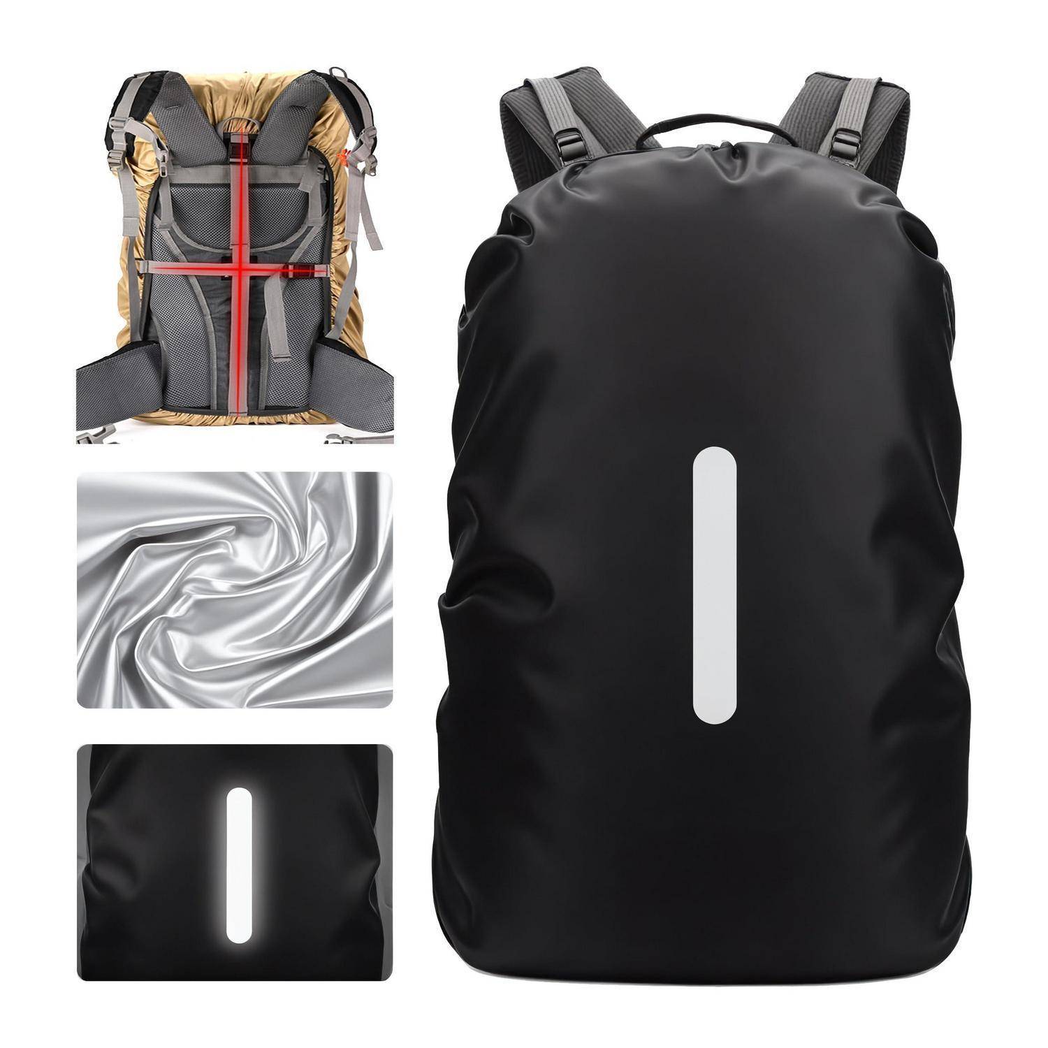 Schwarze Rucksack-Regenschutzhülle mit reflektierendem vertikalem Streifen, gezeigt auf einem Rucksack sowie Nahaufnahmen des wasserdichten Gewebes und der Streifendetails.