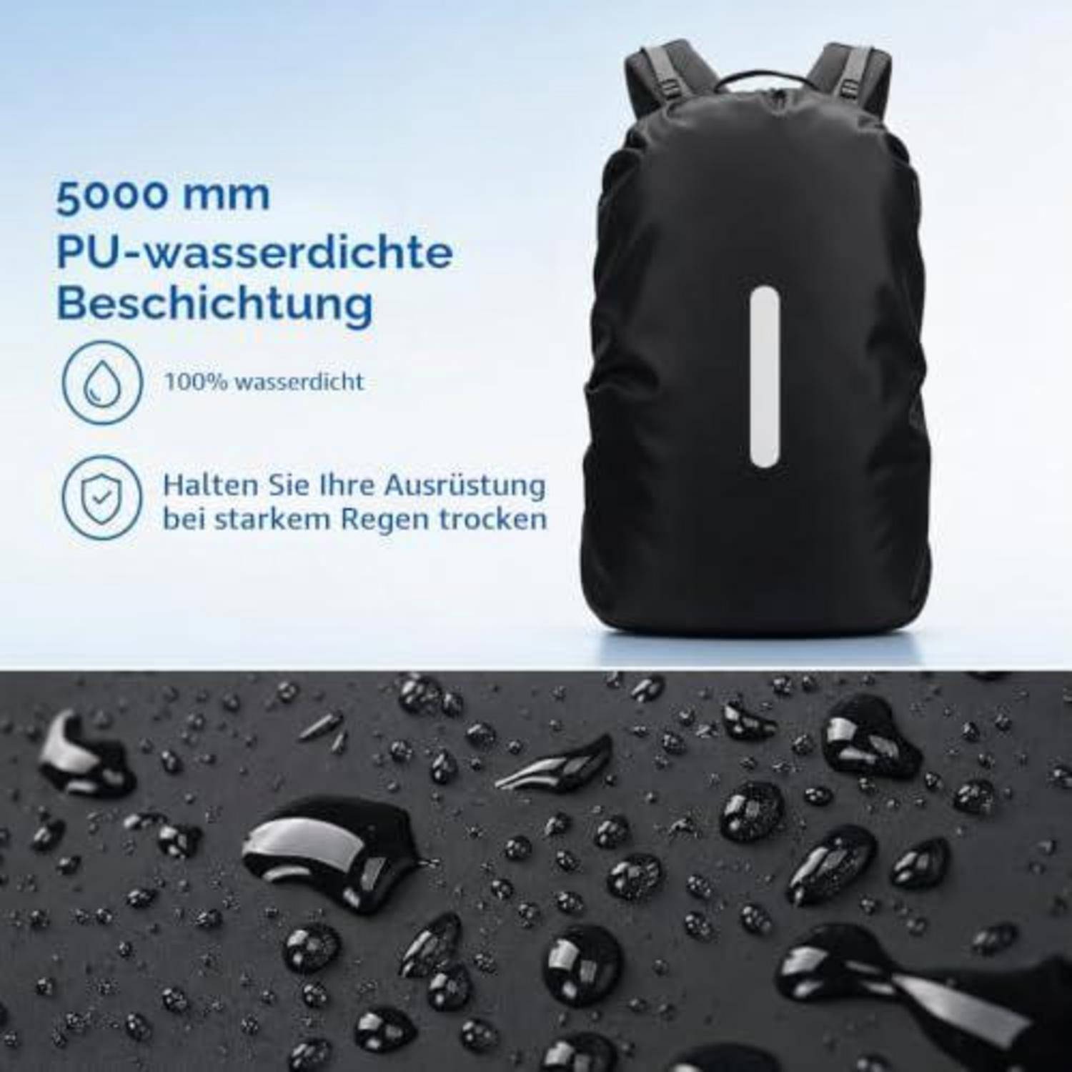 Schwarzer wasserdichter Rucksack mit reflektierendem Streifen, daneben gezeigt mit deutschem Text: '5000 mm PU-wasserdichte Beschichtung', '100% wasserdicht', und 'Halten Sie Ihre Ausrüstung bei starkem Regen trocken'.