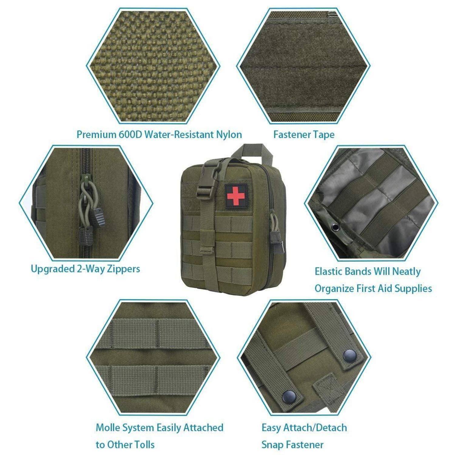 Erste-Hilfe-Rucksack mit beschrifteten Nahaufnahmen von robustem Nylon, Klettverschluss, Reißverschlüssen, Gummibändern, MOLLE-Riemen und Befestigung/Lösung-Druckknöpfen.