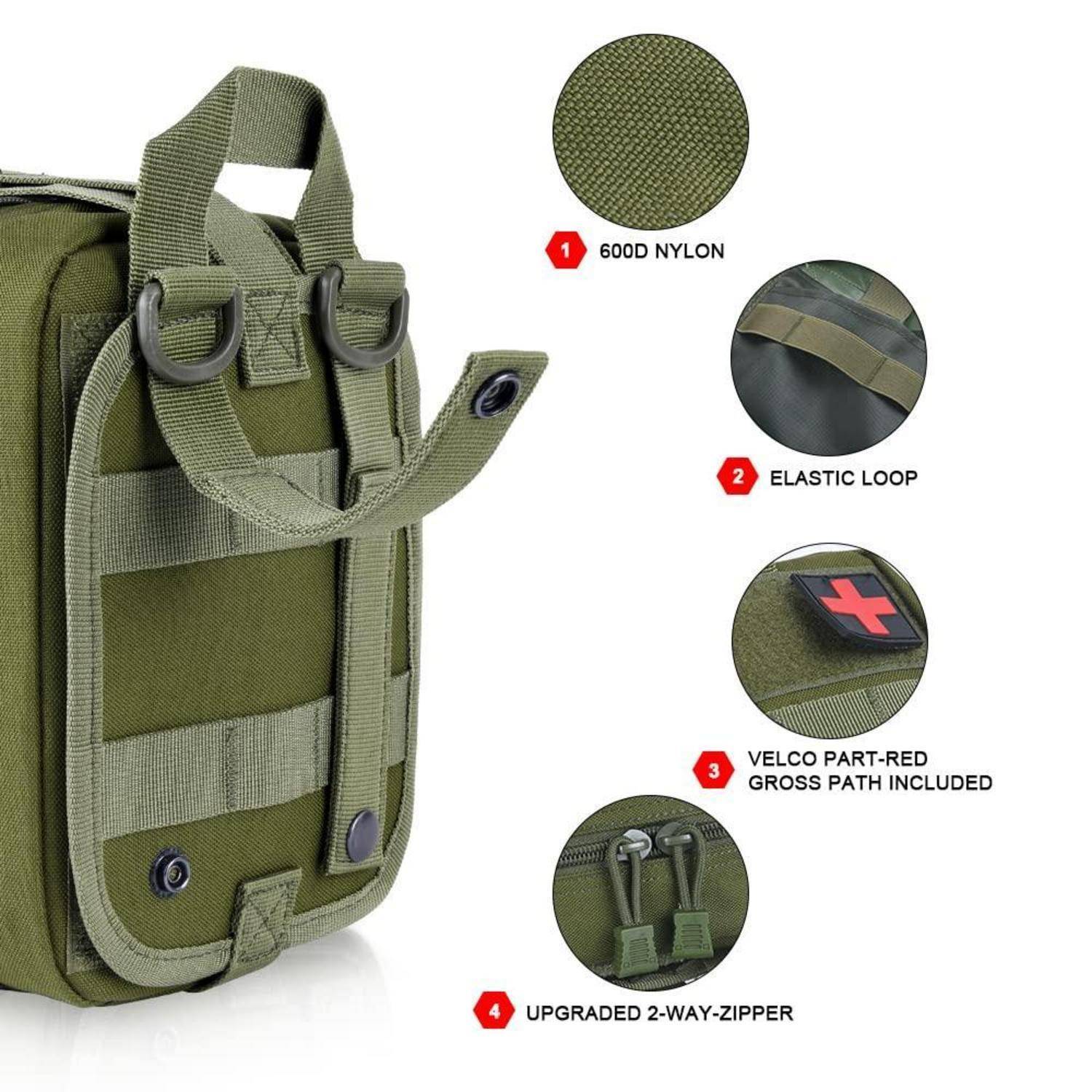 Olivgrüne Nylontasche mit Griff und Vorderklappe, gezeigt mit Merkmalsbeschriftungen für 600D-Nylon, Gummiband, Klettverschluss und verbessertem zweirichtungs-Reißverschluss.
