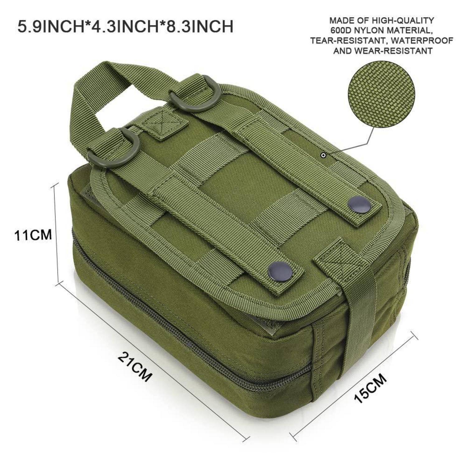 Olivgrüne taktische Tasche mit oberem Griff und Riemen, gezeigt mit Abmessungen von 21 x 15 x 11 cm und hergestellt aus wasserdichtem, verschleißfestem Nylon.