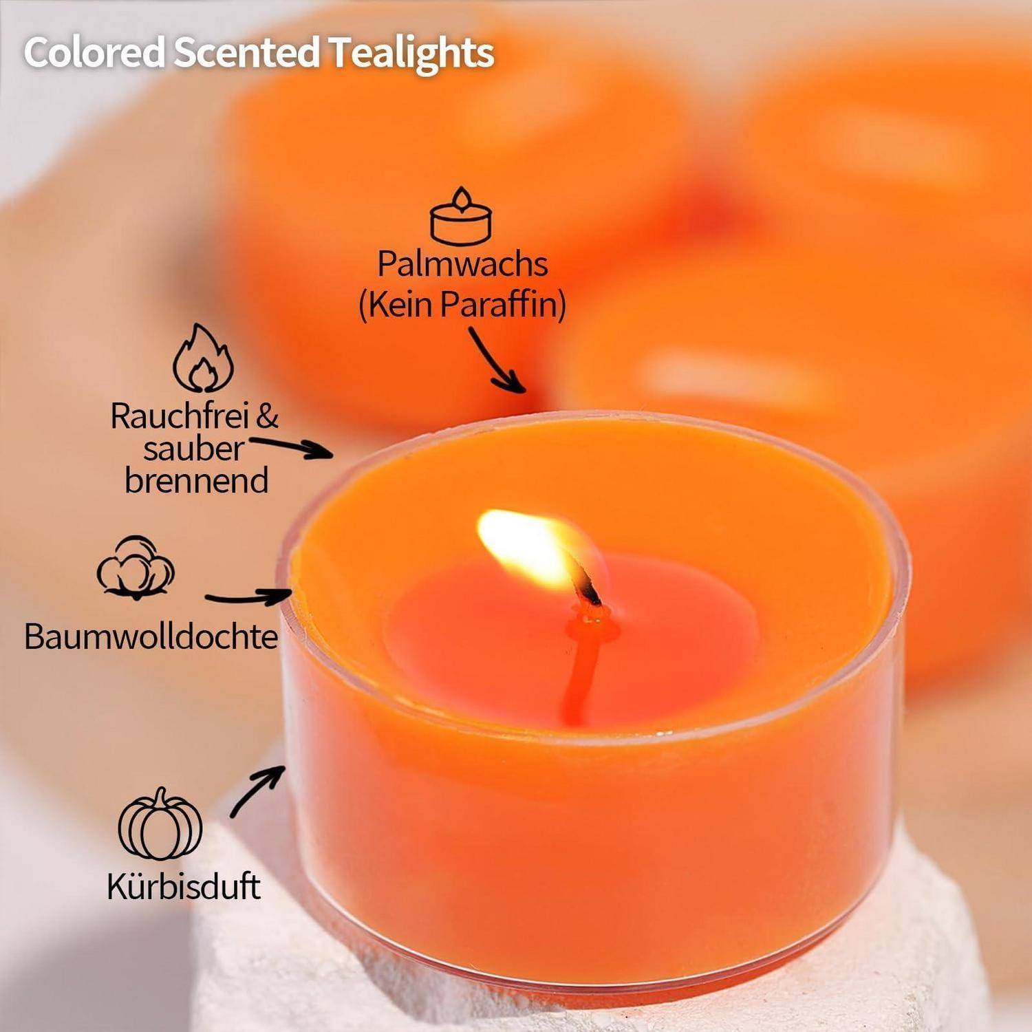 Orangeduftkerze im Teelichtkuppler mit der Bezeichnung „Farbige duftende Teelichter" mit Angaben für Palmwachs, rauchfreier sauberer Abbrand, Baumwollwolldocht und Kürbisduft.