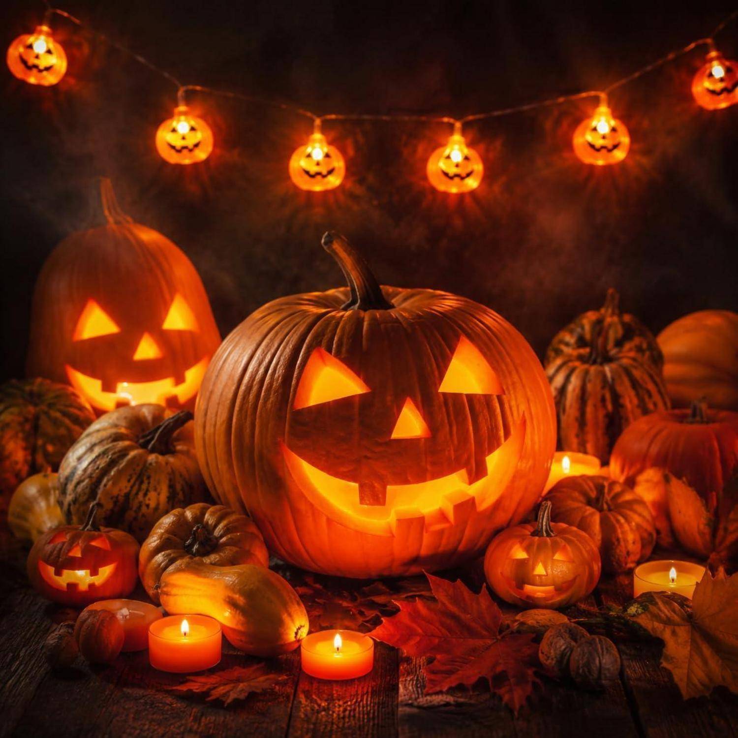 Leuchtende Halloween-Ausstellung mit geschnitzten Kürbislaternen, Kürbissen, Kerzen und orangefarbenen Kürbislichtern vor dunklem Hintergrund.