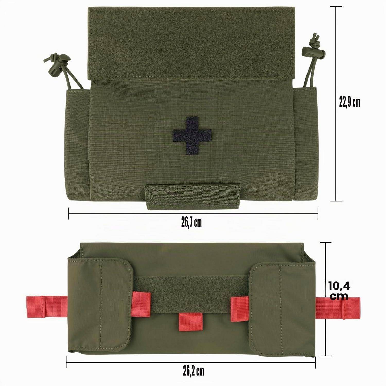 Abbildung einer olivgrünen Erste-Hilfe-Tasche mit Klettverschlusslasche und roten Riemen, Vorder- und Rückseite gezeigt mit Abmessungen: 26,7 cm x 22,9 cm und 26,2 cm x 10,4 cm.