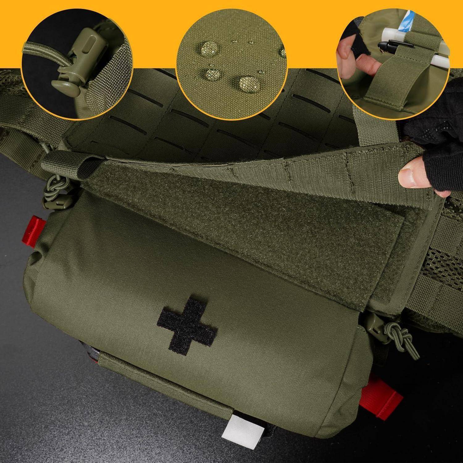Olivgrüne taktische Erste-Hilfe-Tasche mit schwarzem Kreuz, zeigt Riemen, Druckknopfverschluss und Befestigungspunkte, mit eingefügten Detailaufnahmen von Hardware und Stoffdetails.