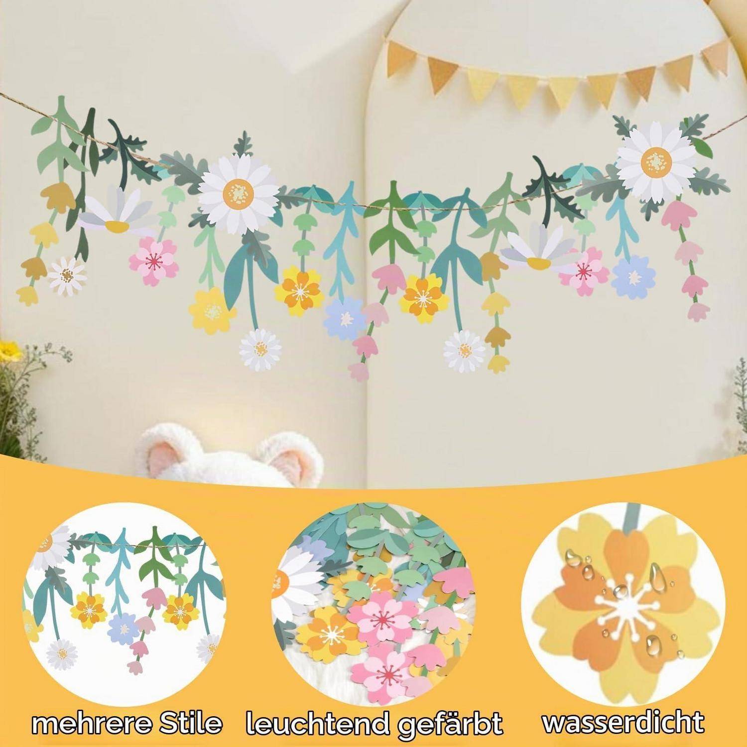 Blumenpapier-Girlanden-Wanddekoration mit hängenden Pastellblüten und Blättern; untere Kreise heben "mehrere Stile"", ""leuchtend gefärbt"" und ""wasserdicht"" hervor.
