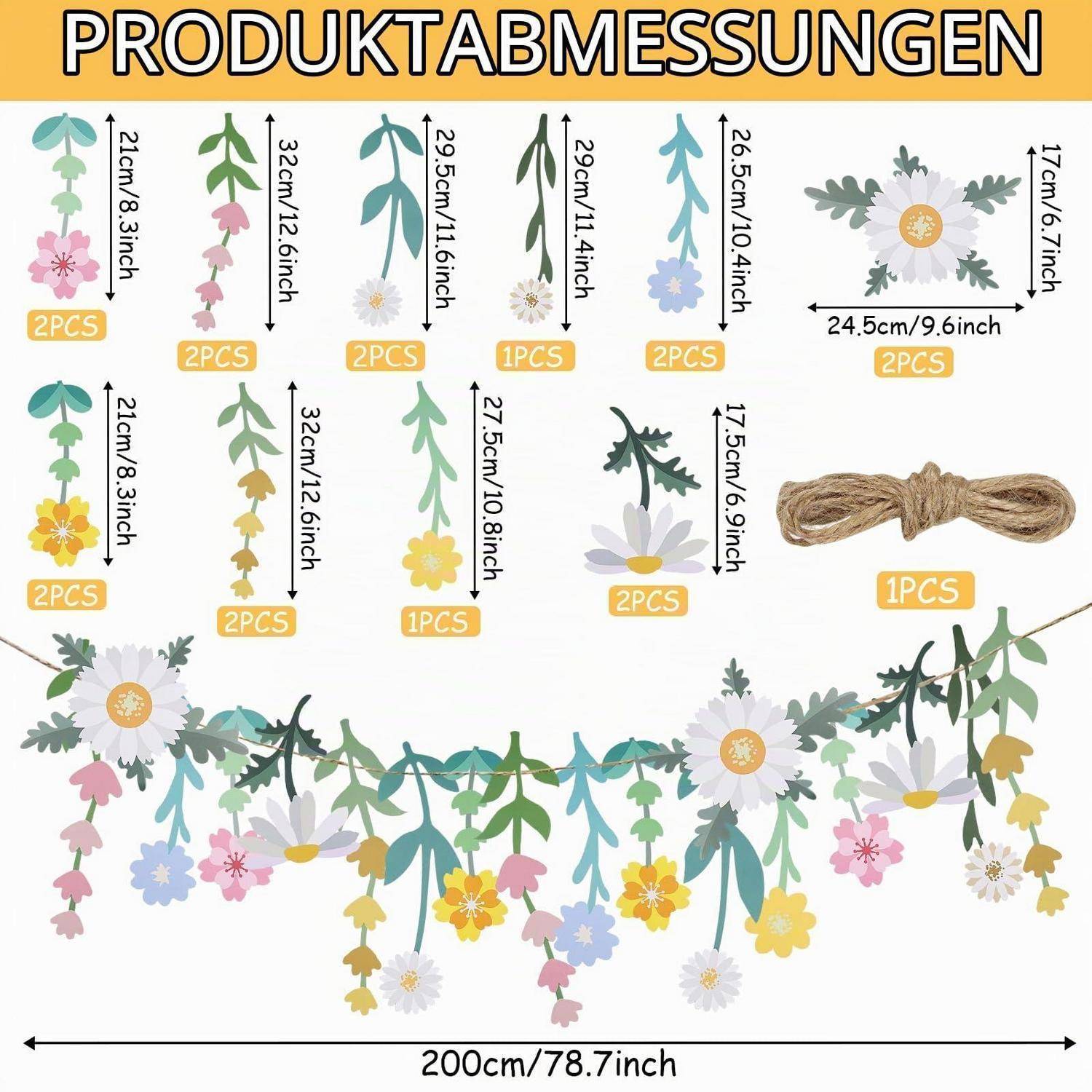 Produktmessdiagramm für künstliche Blumengirlanden und Stiele mit Angaben zu einzelnen Längen, Mengen, Schnur und einer Girlandenlänge von 200 cm/78,7 Zoll.