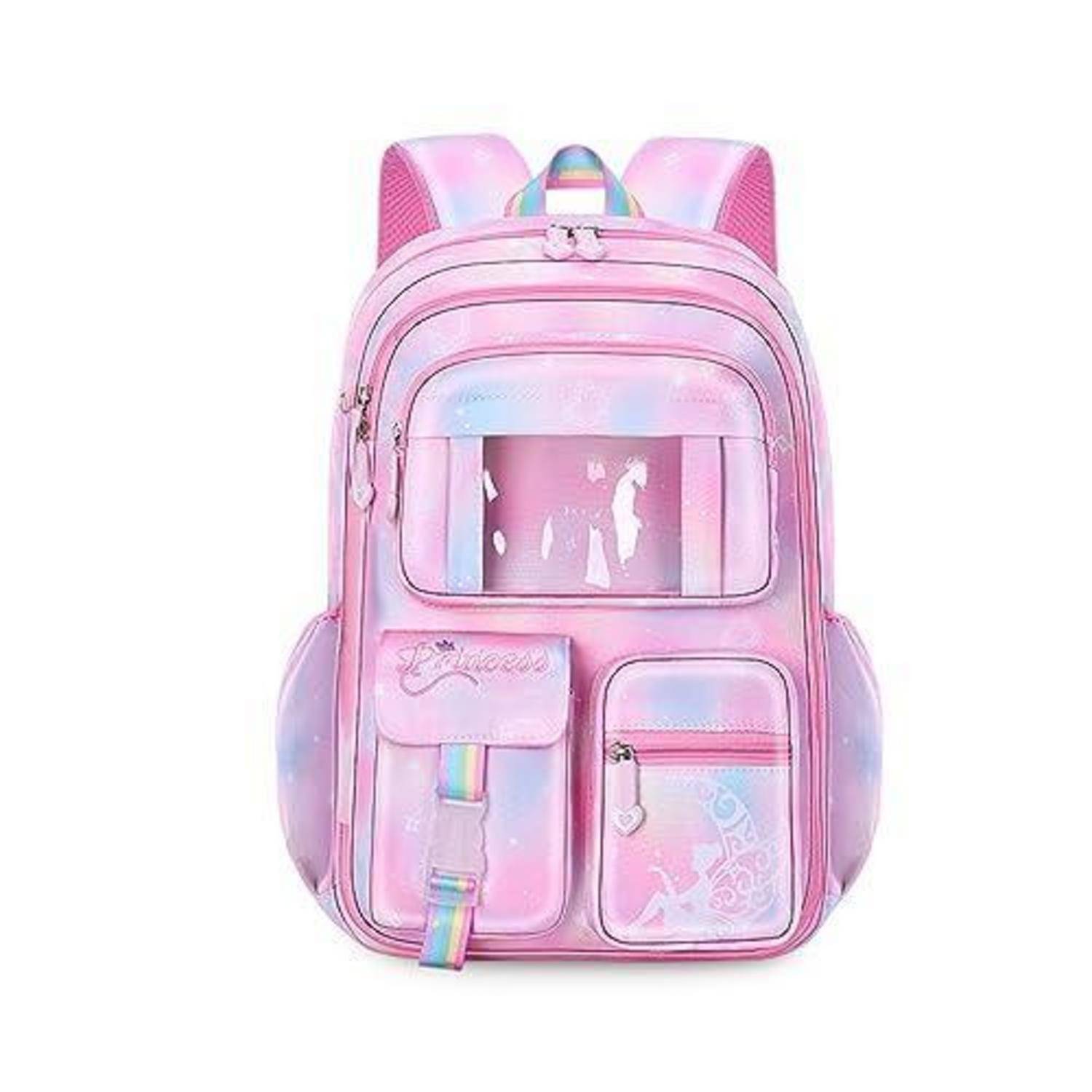 Rosa holografischer Rucksack mit mehreren vorderen Taschen, seitlichen Beuteln und Regenbogenakzenten auf weißem Hintergrund.