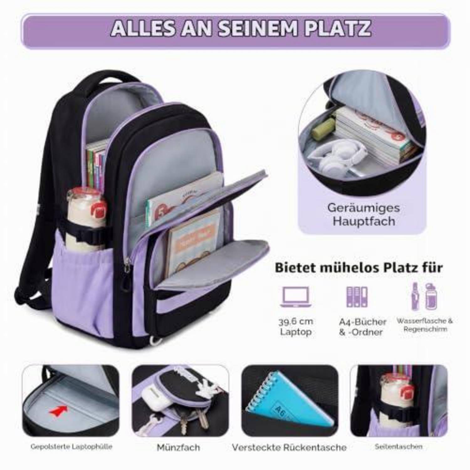 Rucksackwerbung, die einen violett-schwarzen Rucksack mit mehreren Fächern zeigt; der Text hebt das geräumige Hauptfach und Taschen für einen 39,6-cm-Laptop, A4-Bücher, Ordner, Wasserflasche und Regenschirm hervor.
